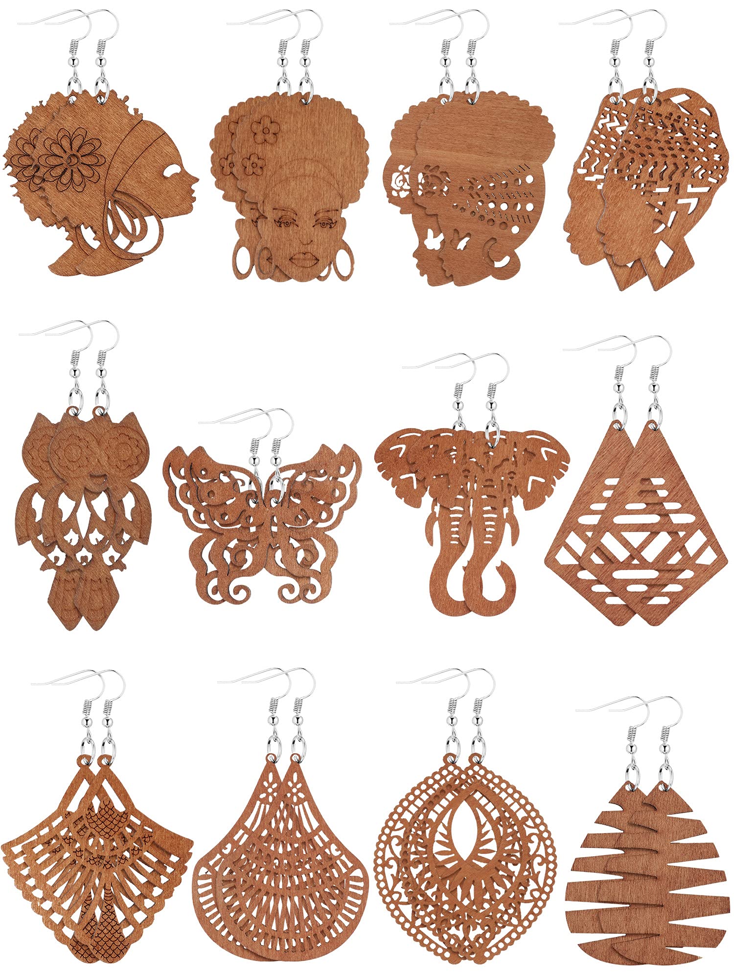 Hicarer12 Pairs African Wooden Earrings for Women Bohemian Wood Ethnic Dangle Drops Bulk, wood and alloy, wood and alloy