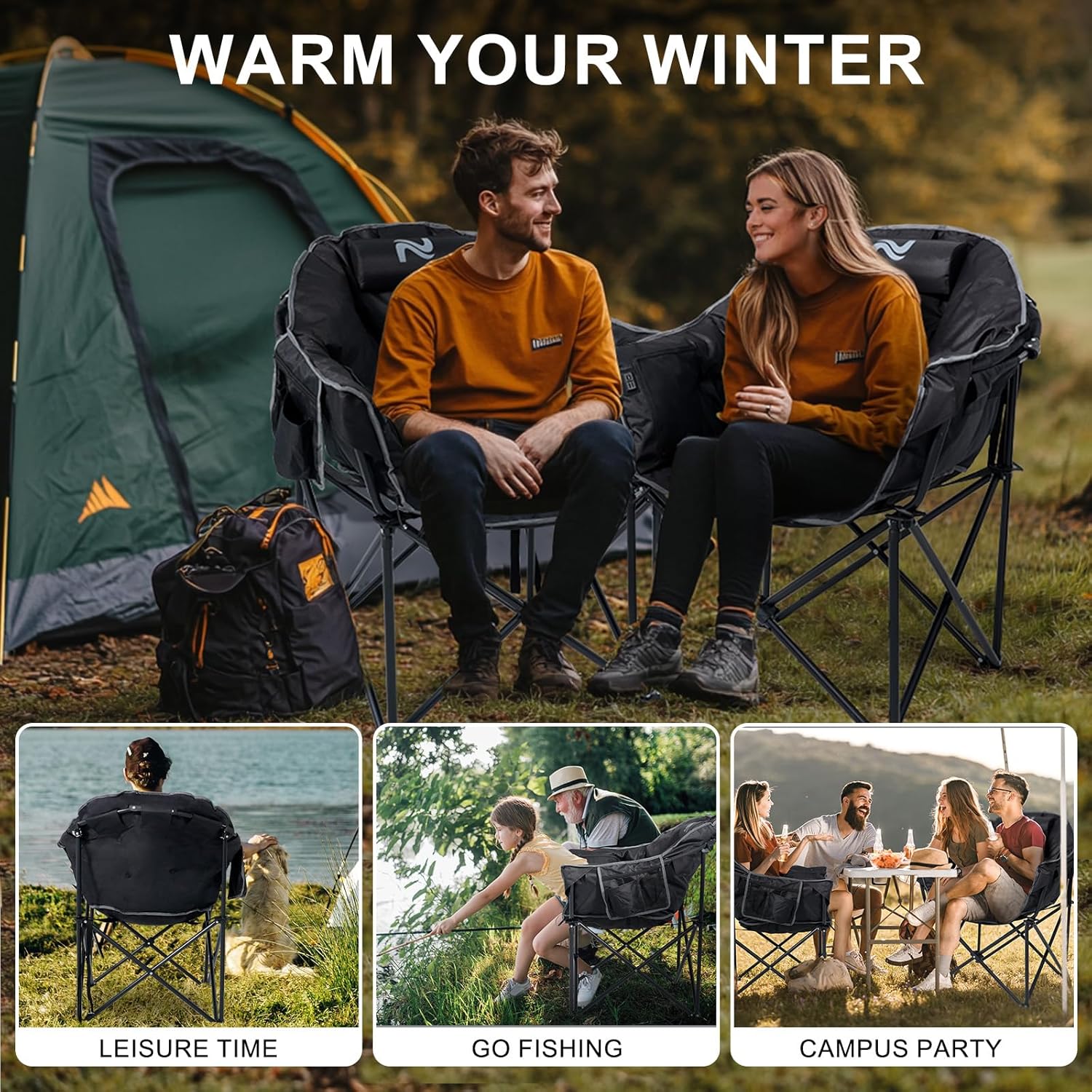 ABORON Oversized Heated Camping Chair, Padded Outdoor Folding Heated Chair with Side Pocket, Heavy Duty Seat for Winter Sports, Patio, Tailgating - Image 5