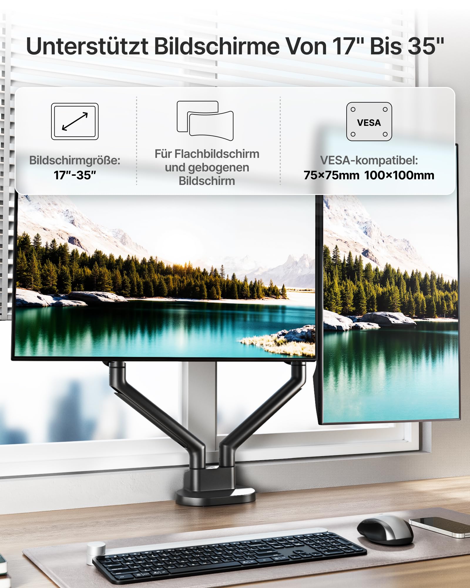 monTEK Brazo Monitor Doble para Escritorio de 17 a 35 Pulgadas | Soporte de Doble Pantalla Resistente, Ajustable con Muelle hasta 11kg, VESA 75/100mm, Instalación con Pinza y Ojal, Negro