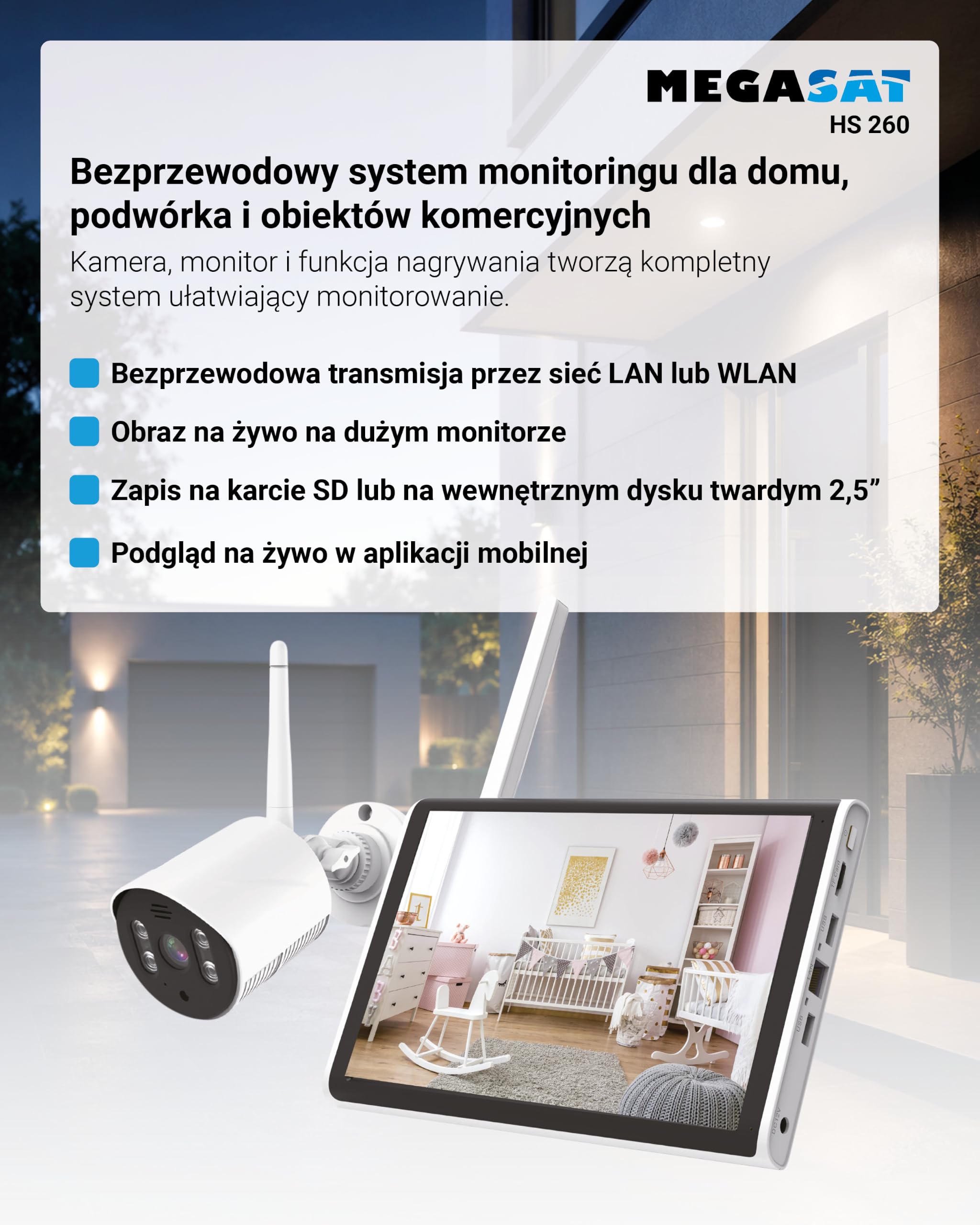 Megasat System monitoringu HS 260 – kamera i monitor do monitoringu (nagrywanie na karcie SD lub dysku twardym, zasięg radiowy do 300 m, monitor 10,1″)