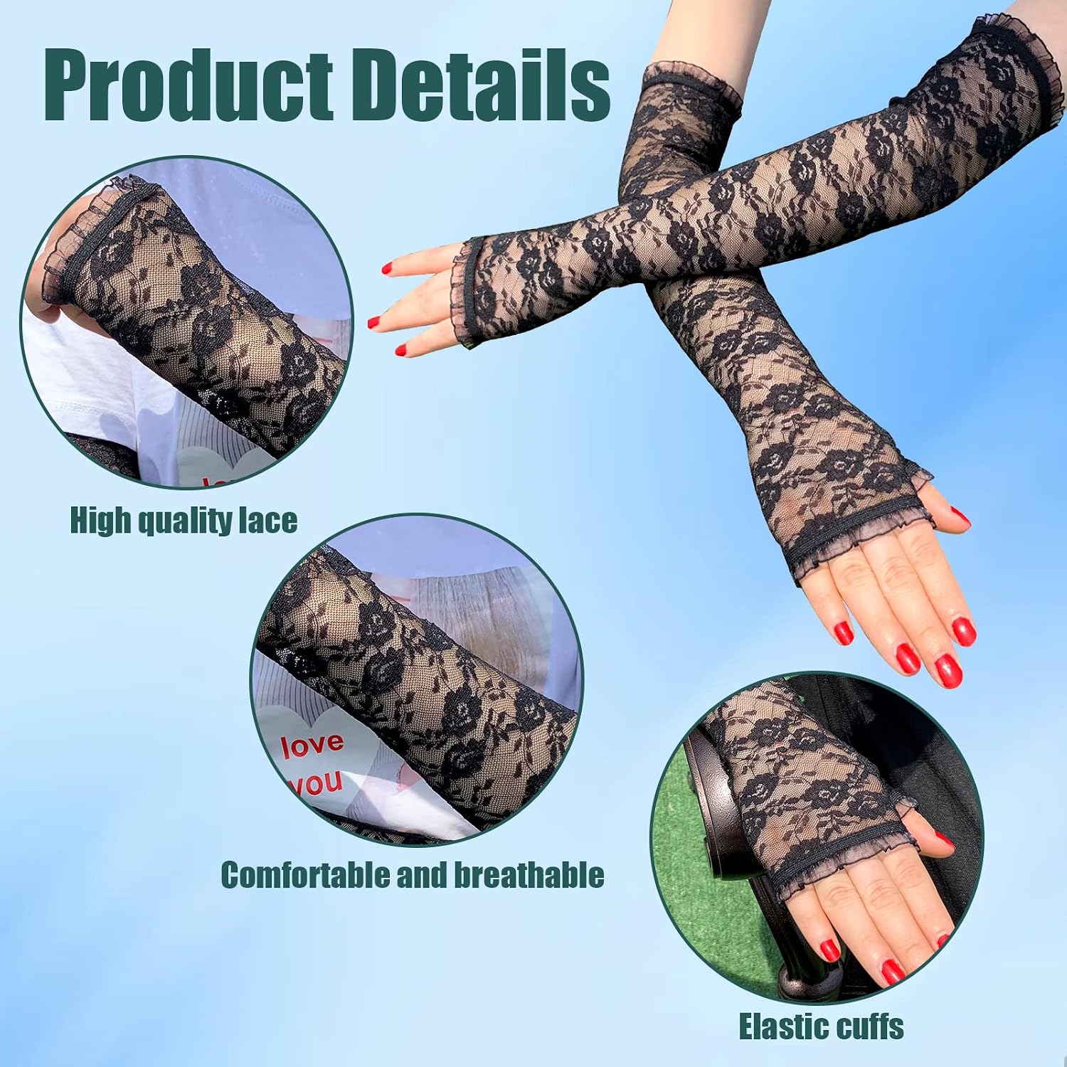 Suxgumoe Fingerless Lace Gloves for Women, Floral Lace Elbow Length Arm Sleeves, Opera Bridal Lace Gloves for Wedding Tea Party