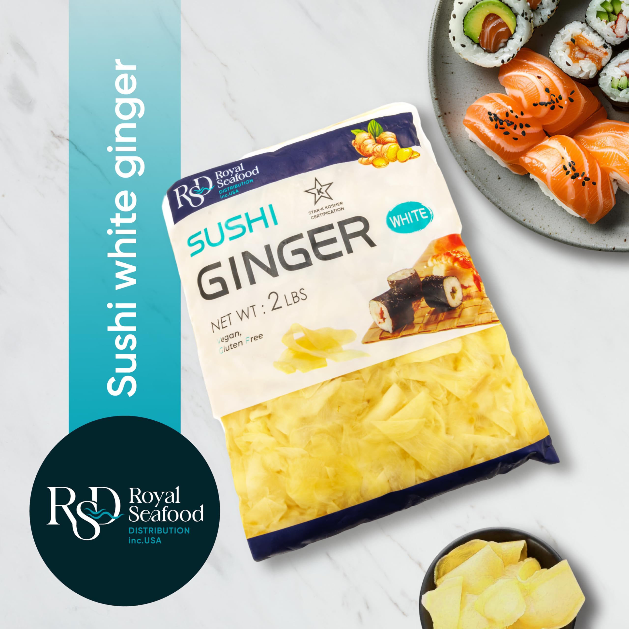 RSD Premium Pickled Sushi Ginger - 2 lb White Gari - Japanese Pickled Ginger for Sushi - Vegan, Kosher, Gluten Free - Sushi Ingredients and Toppings - Organic, Sugar-Free Ginger Slices for Asian Food