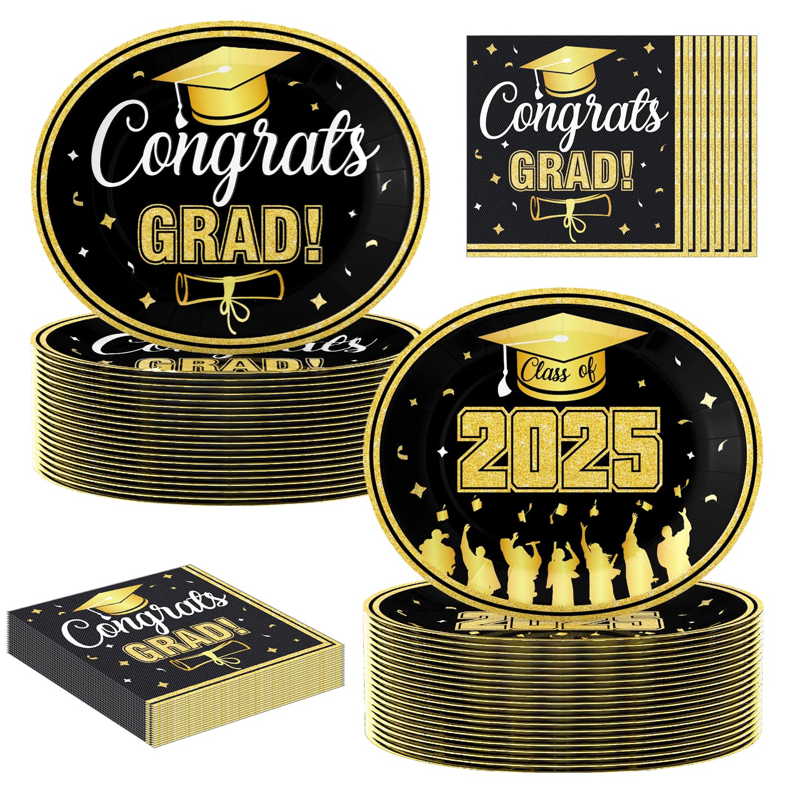 UODBUYO 100Pcs Graduation Oval Paper Plates and Napkins Set - 10" x 12" Large Disposable Party Plates for Graduation Party Supplies