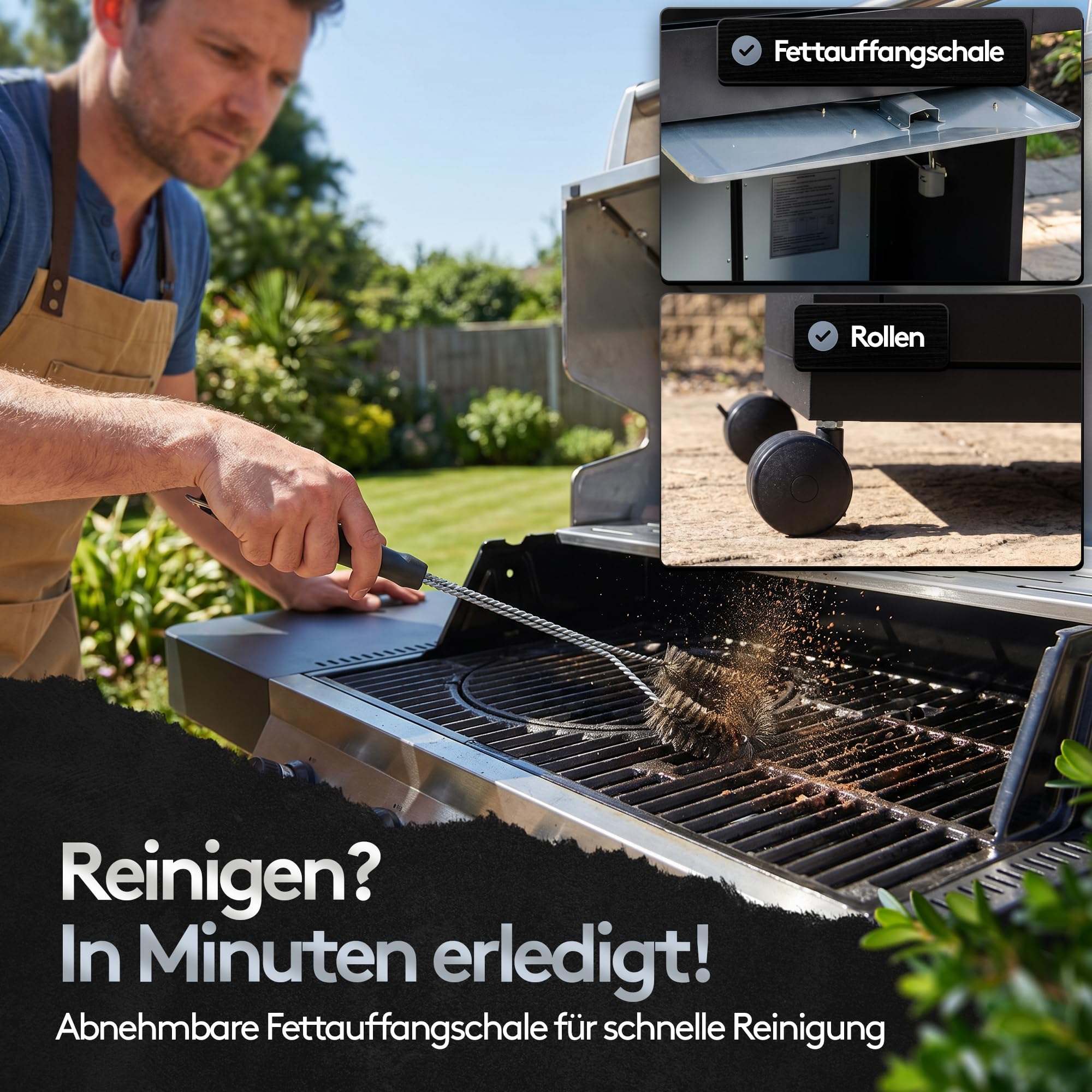 Profi Gasgrill 4 Brenner + Seitenkochfeld – 17kW Gesamtleistung, LED-Knöpfe – Hochwertiger BBQ Grillwagen mit Deckel - Gusseisenrost & Warmhalterost