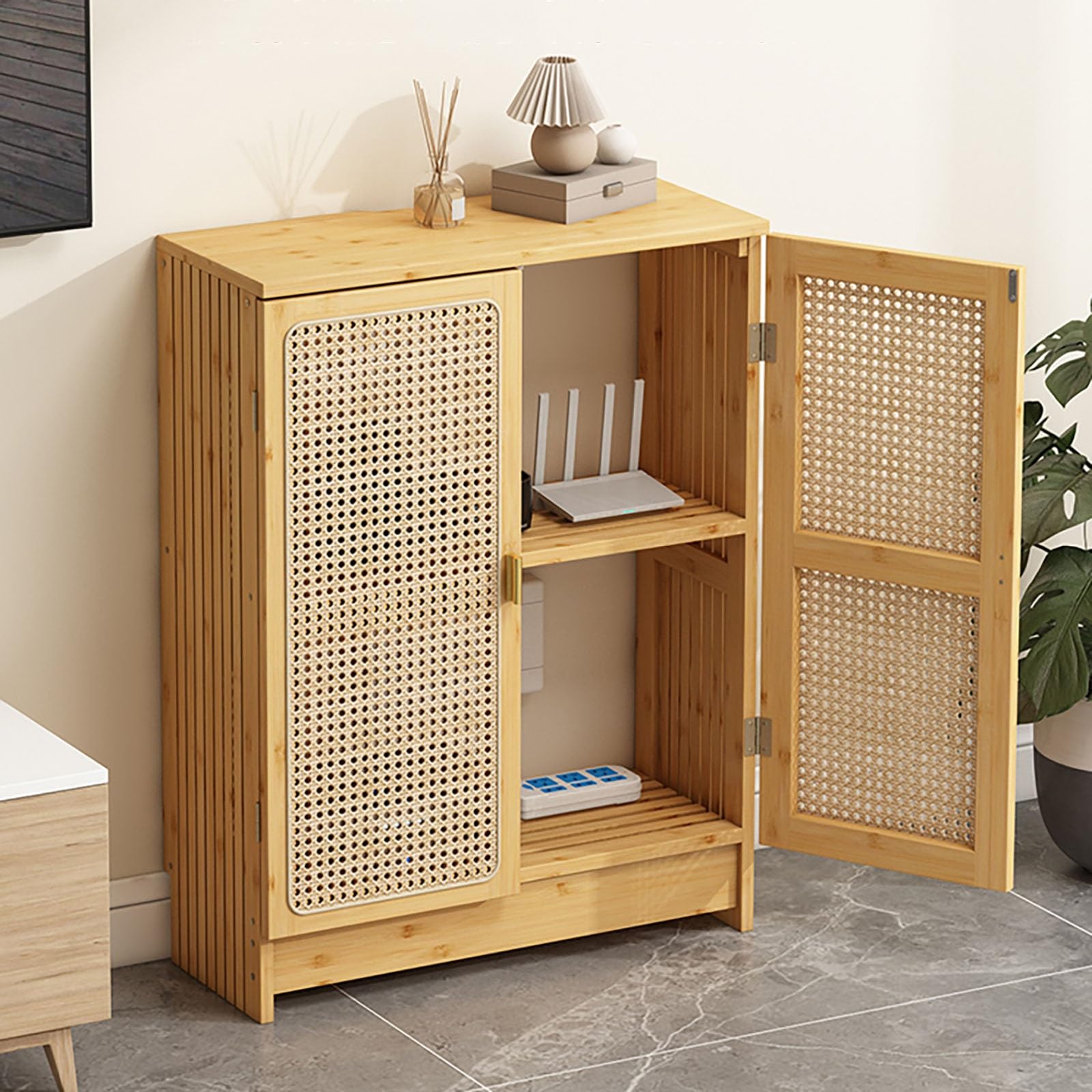 MESCXTY Rattan WiFi Router Storage Cabinet,WiFi Wireless Box,WiFi Hidden Box,Double-Deck Shelf,Hider & Solution for Clutter-Free Spaces(Brown,80 * 60cm/31.5 23.6in)