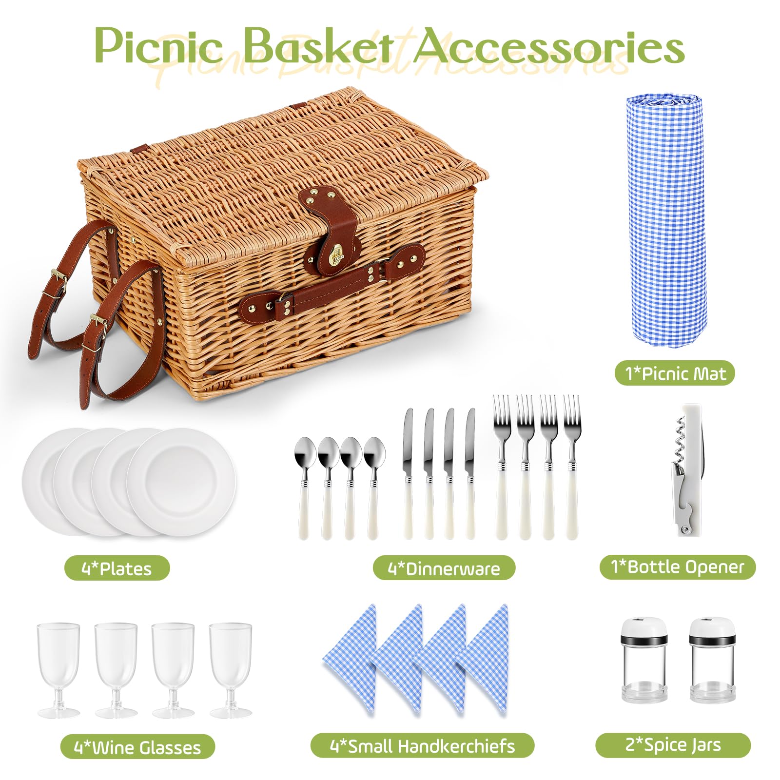 Cesta de Picnic Mimbre para 4 Personas, Cesta Trenzada a Mano con Aislamiento Integrado y Manta Impermeable – Set Completo con 4 Cubiertos, Platos, Vasos para Camping Playa jardín