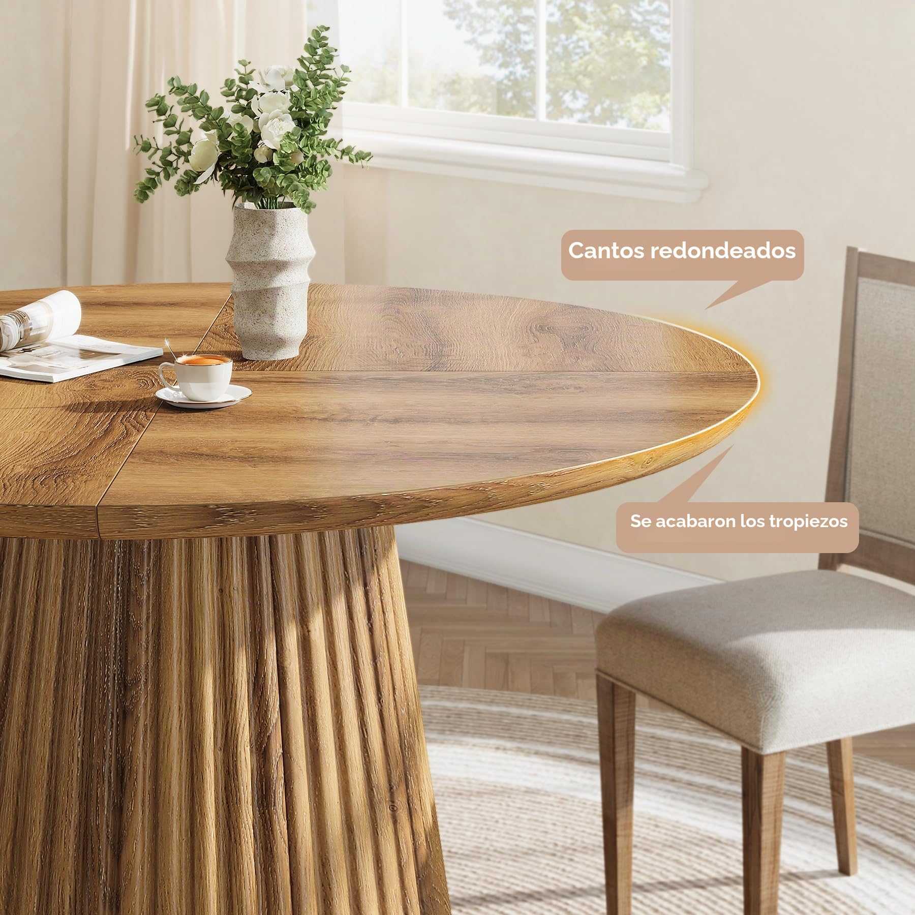 Tribesigns Mesa de Comedor Redonda de 120 cm para 4-6 Personas, Mesa de Cocina rústica de Madera con Base Acanalada para Comedor, Cocina o salón.
