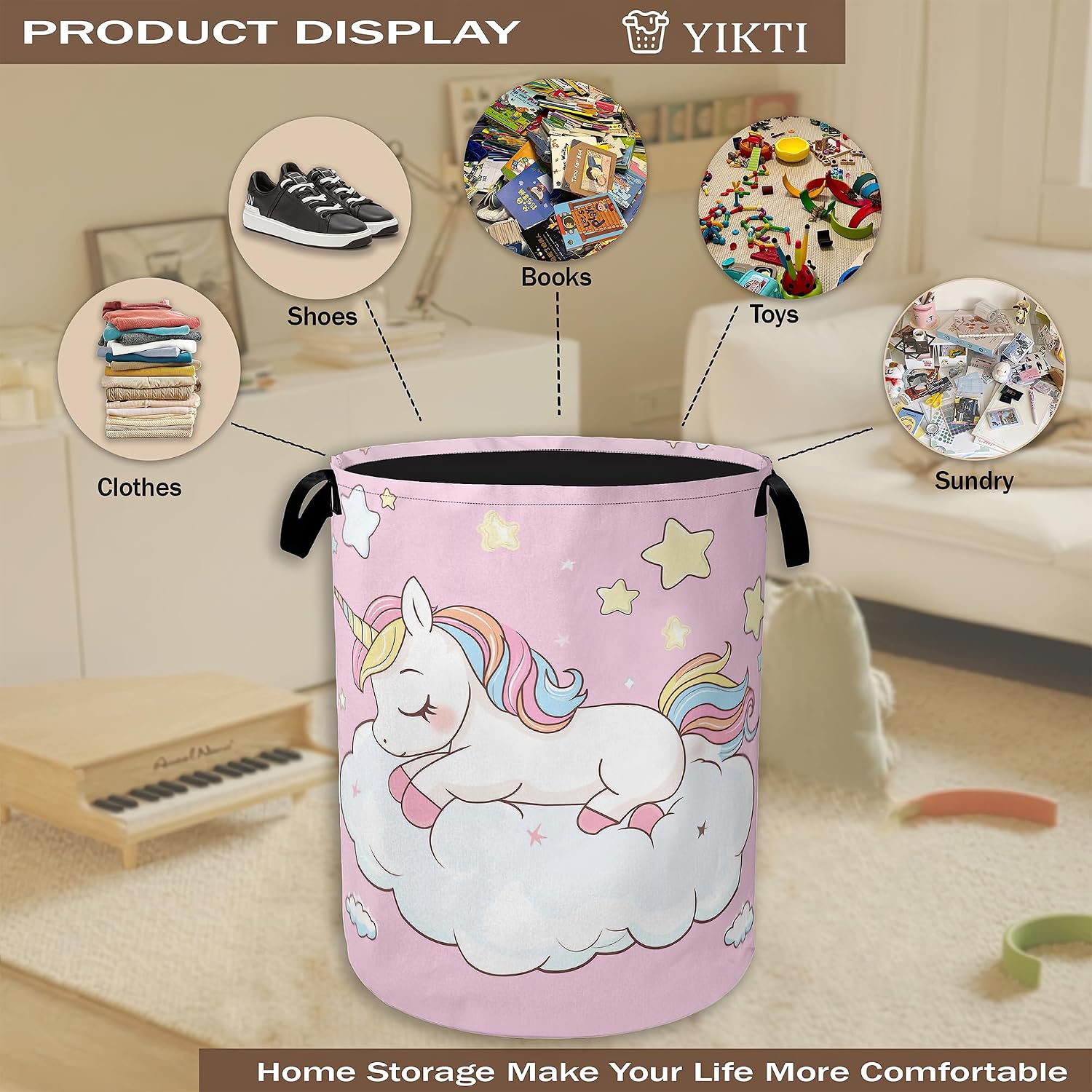 Laundry Hamper,Cute Unicorn Laundry Basket,Girls Pink Stars Portable Collapsible Laundry Room Organization Storage for Dorm Room,Nursery,Bathroom,Bedroom,16x20 Inch image 4