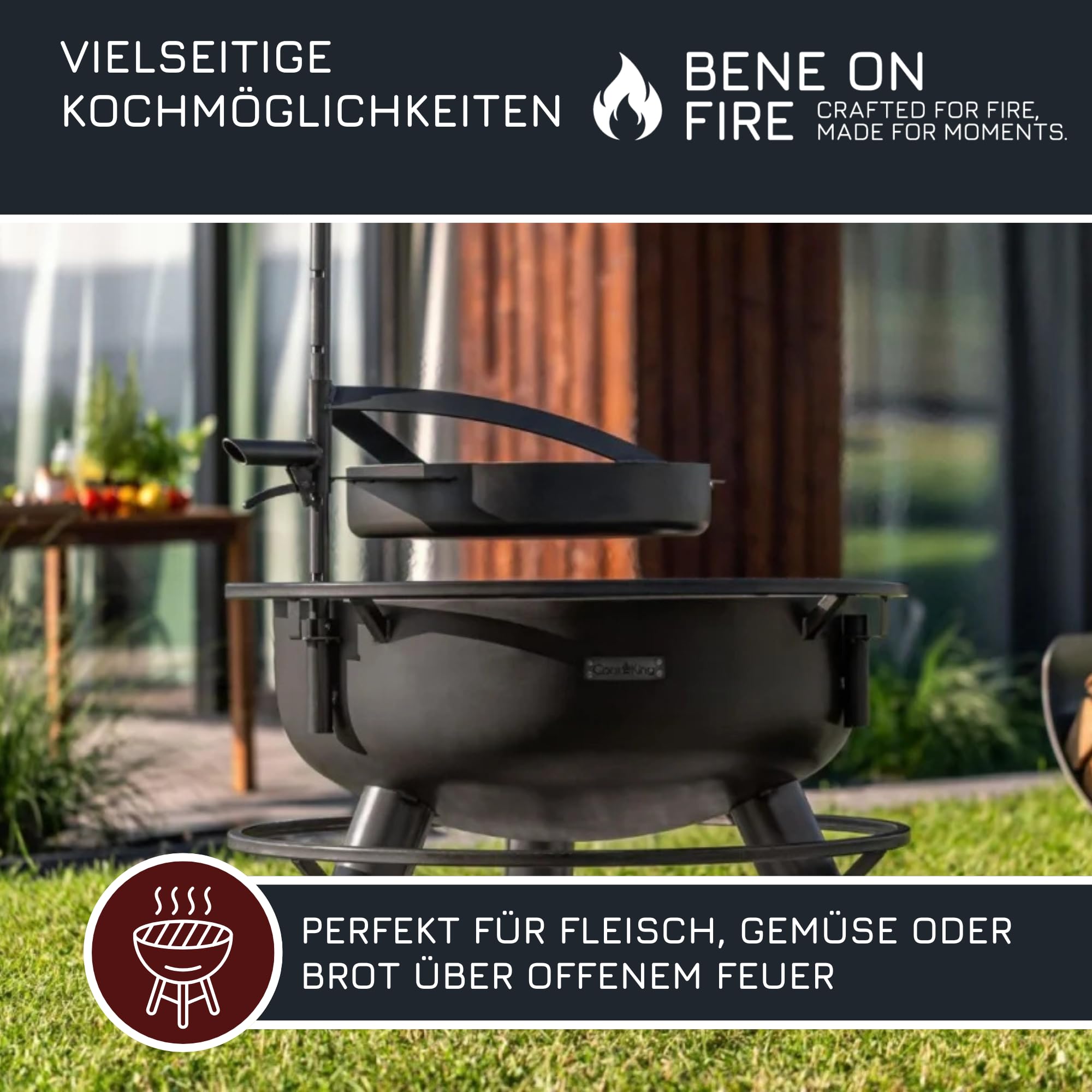 BENE ON FIRE Feuerschalen Grillpfanne Ø 50 cm mit Griff | Stahlpfanne schwarz 6,2 kg hitzebeständig stabil | zum Braten Rösten über offenem Feuer | Zubehör Feuerschalen Arizona Washington