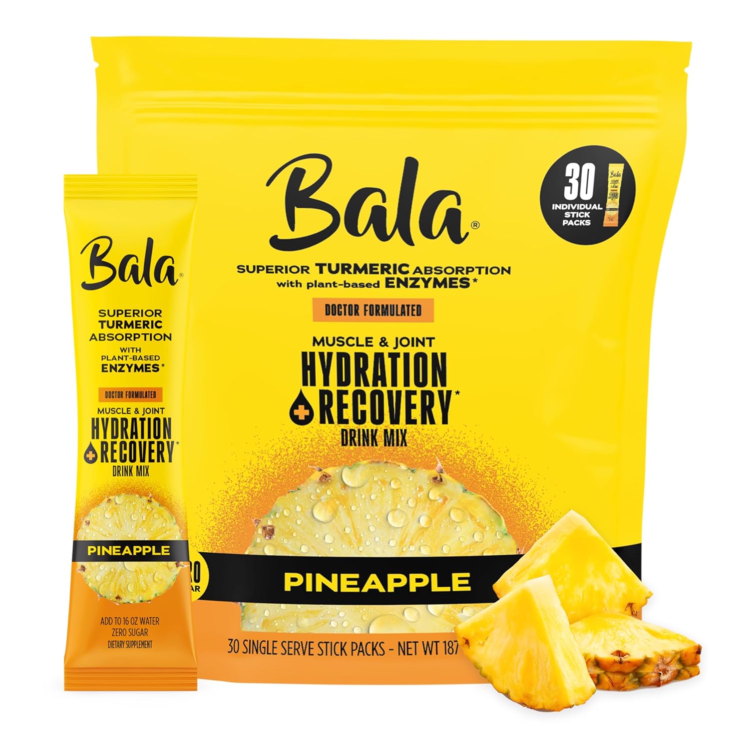 Bala Enzyme Hydration & Sugar-Free Drink Mix Packets - Turmeric, Bromelain, Papain, Immunity, Mobility - Pineapple, Zero Sugar Electrolytes Powder Packets, 0.25oz (30 Count)