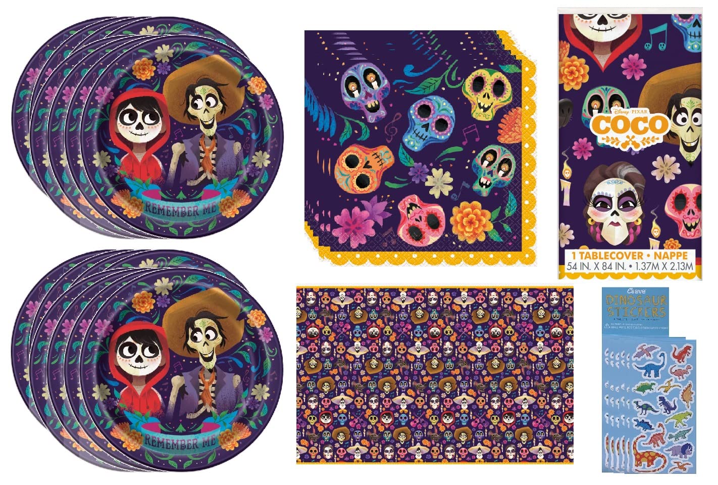 Unique Disney Coco Party Supplies Bundle Pack includes 16 Lunch Plates, 16 Napkins, 1 Table Cover, 8 Dinosaur Sticker Sheets (Bundle for 16)