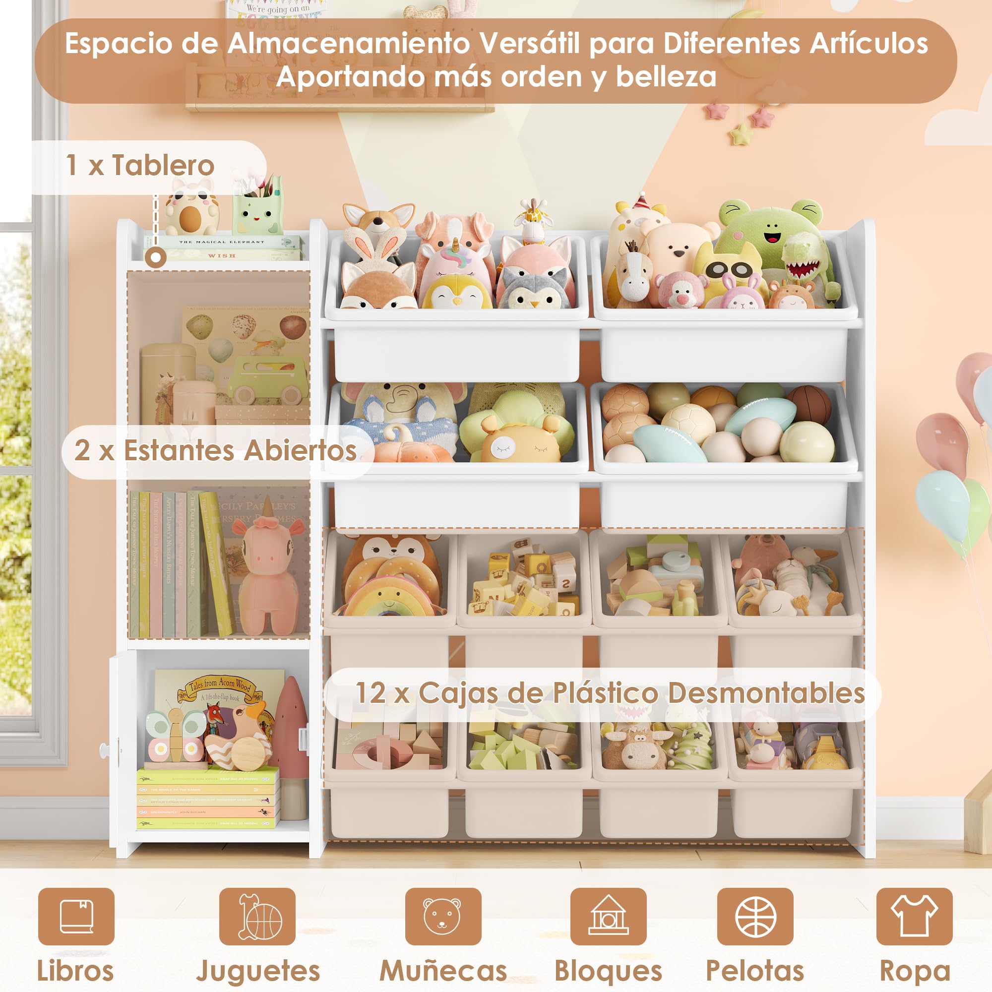 FOREHILL Mueble Almacenaje Juguetes Librería Infantil Montessori Estantería Infantil para Jugetes Organizador Juguetes Niños, Blanco, 12 Cajas Extraíbles para Dormitorios Guardería 112.5x30x100cm