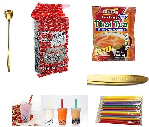 NineChef Cuchara de té, perlas de tapioca negra de grado prémium de la marca E-Fa, té tailandés DEDE y 10 pajitas, (2.2 libras negro + color)