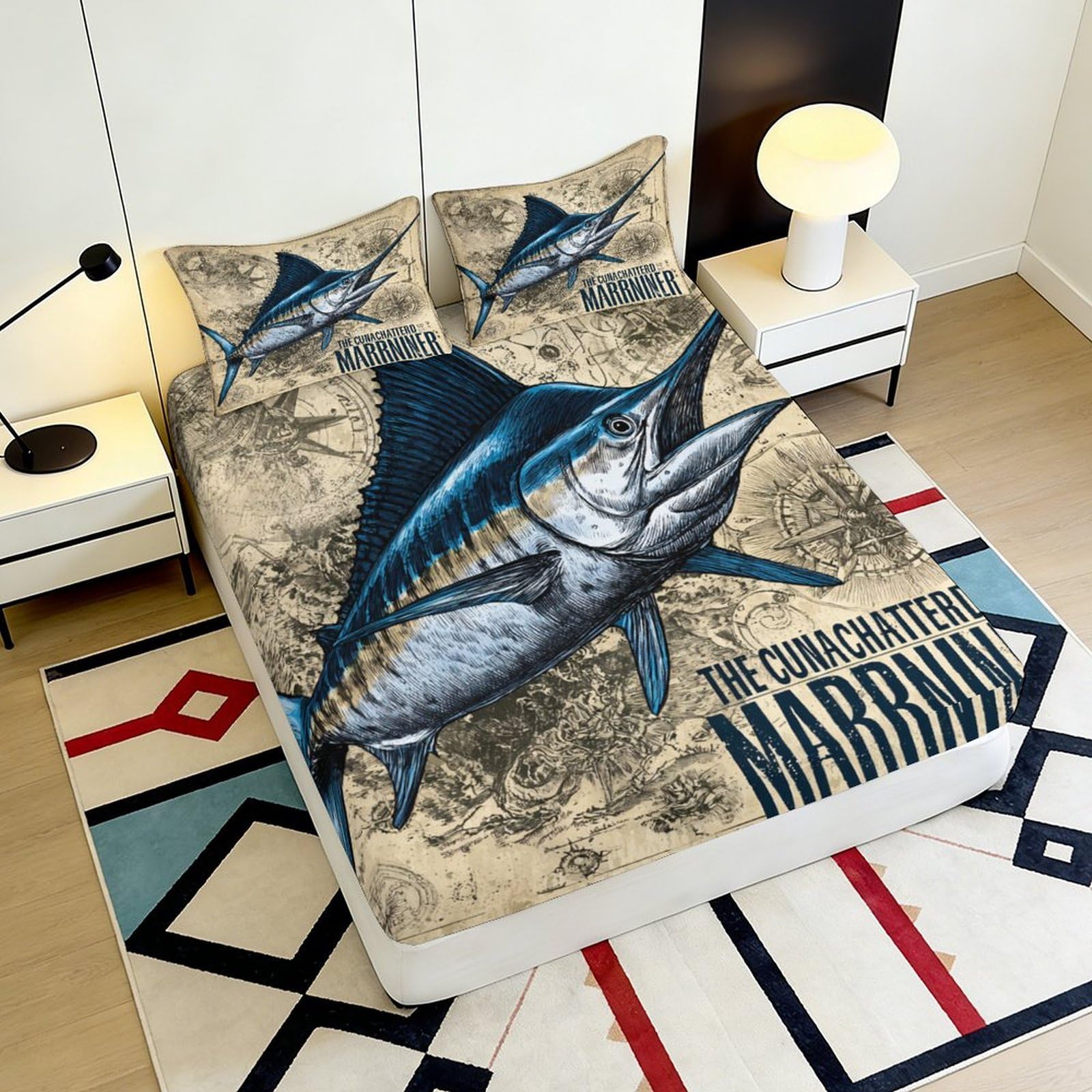 3D gedrucktes Marlin-Muster Spannbetttuch Mikrofaser Tiefe Tasche Schlafzimmer Bettwäsche Marlin Matratzen-Spannbezug rutschfest Vollumschließend Waschbar Matratzenschutz 200x200x25cm