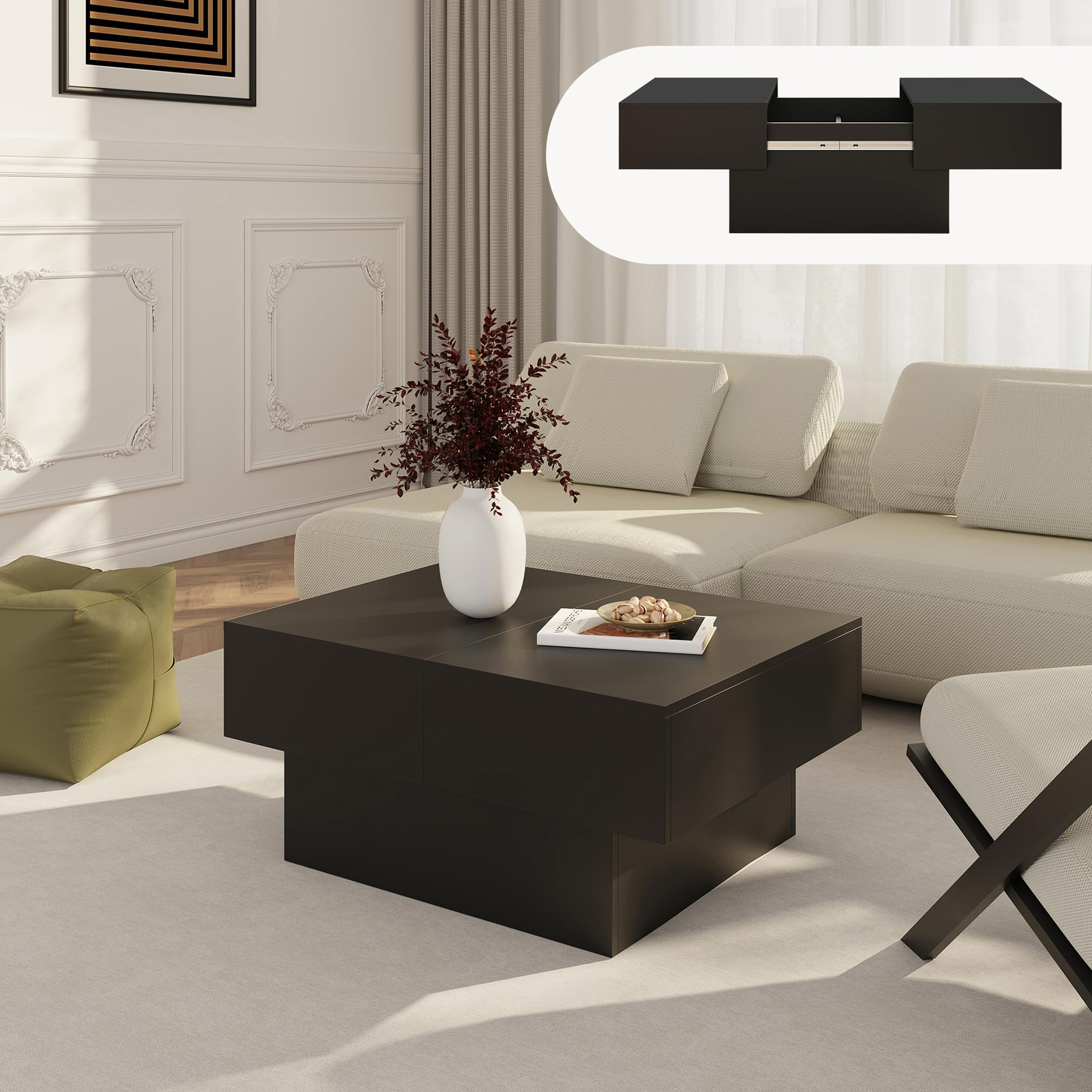 [en.casa] Couchtisch mit Stauraum Lens Wohnzimmertisch ausziehbar Tischplatte 80 x 60 x 36 cm Stubentisch viereckig Beistelltisch modern Sofatisch Schwarz