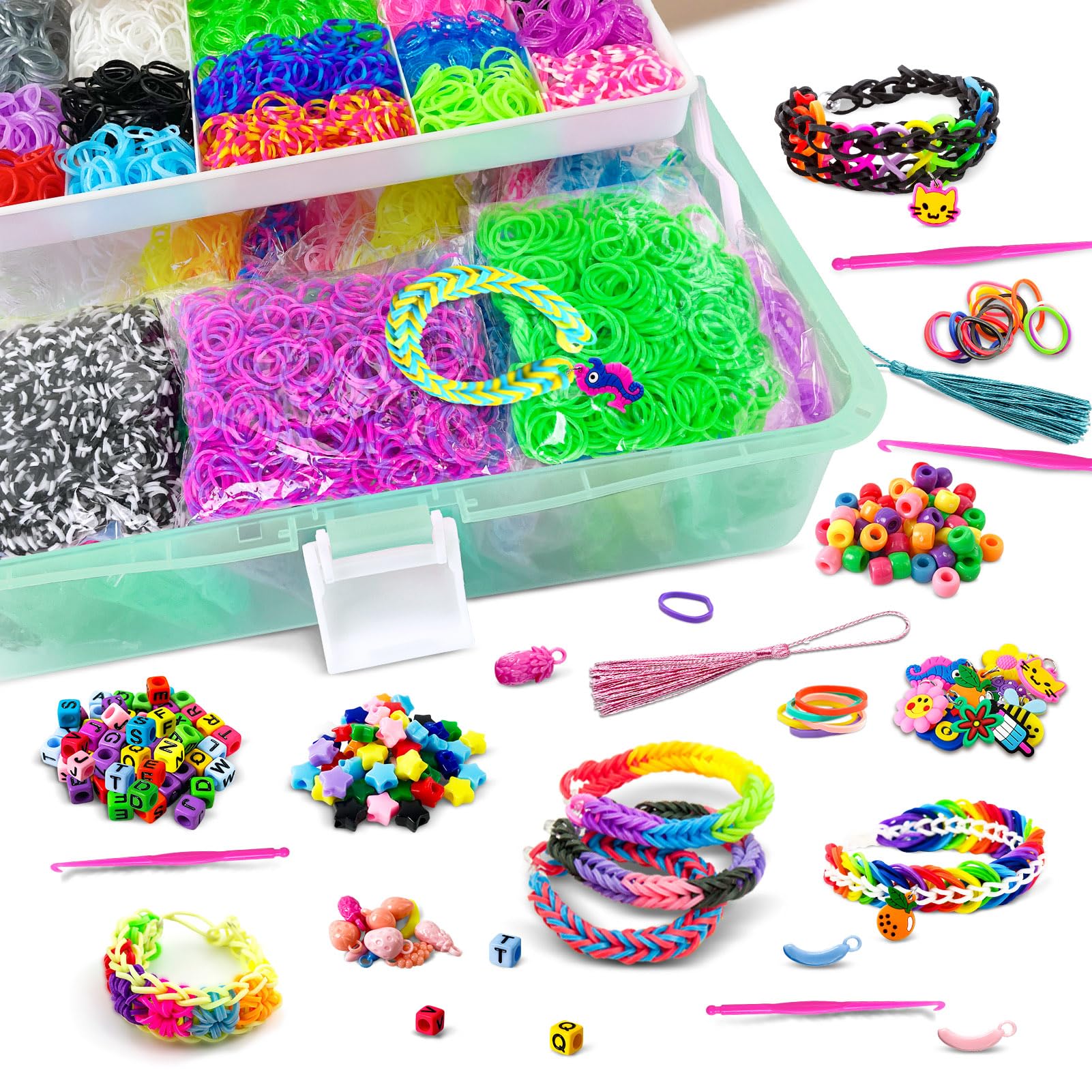ROSHUKG 14500 Rubber Bands Bracelet Kit, Colorful Loom Bands Making Kit with 3 Layer Container for Girls Boys(Green) - Image 3