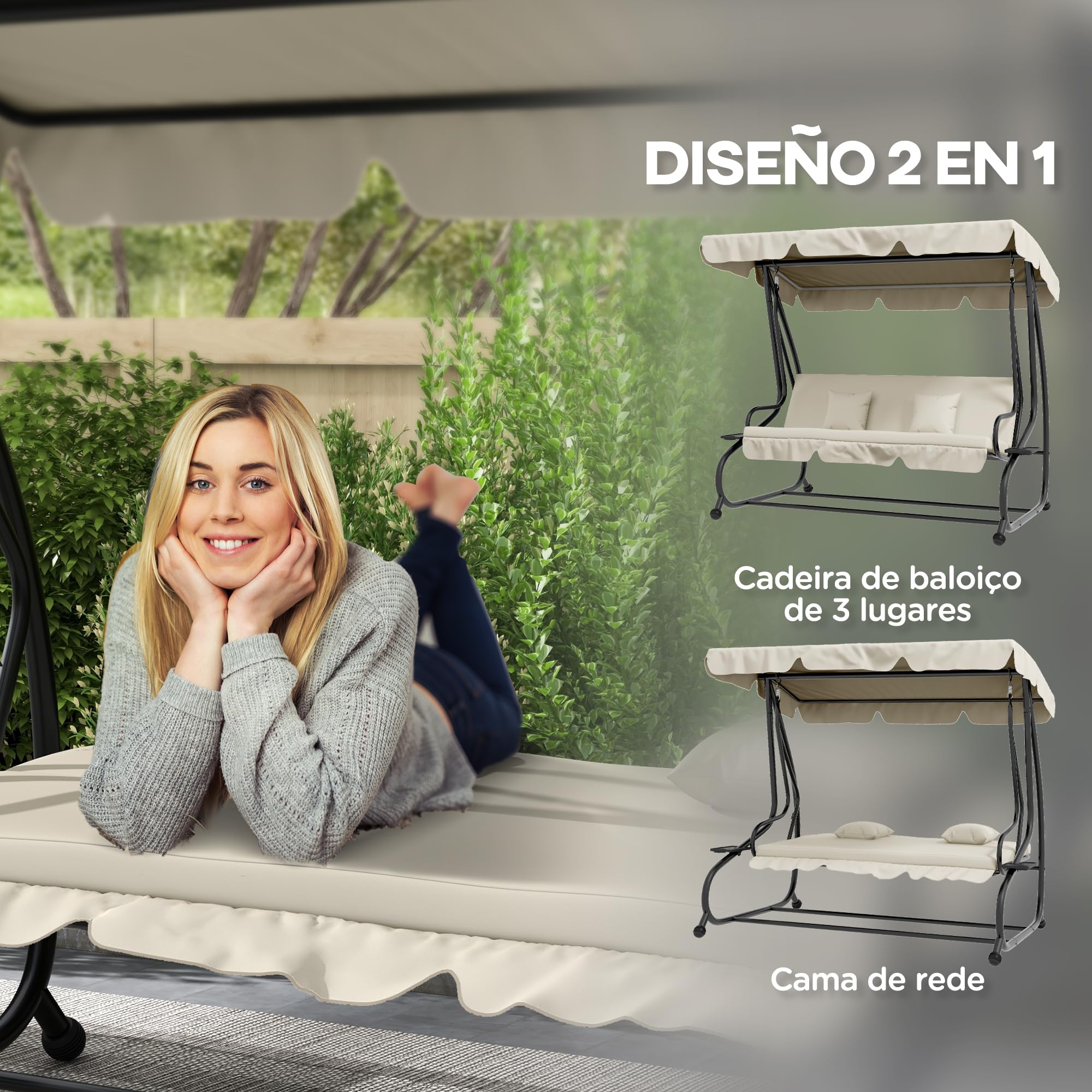 Outsunny Columpio Balancín Jardín 3 Plazas Convertible en Cama Techo Parasol Regulable Bandeja para Bebida Terrza Balcón Exterior Carga máx. 340kg Acero 200x120x164cm Beige