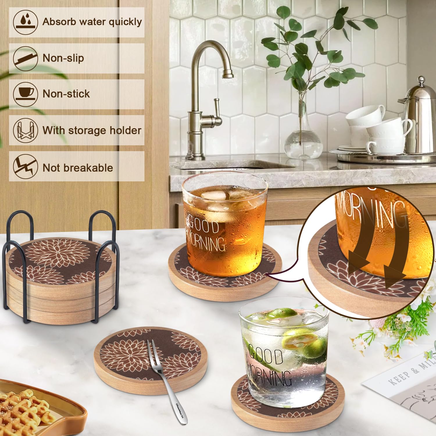 Juego de 6 posavasos de madera con soporte, alfombrilla Cewiru para bebidas, posavasos absorbentes con inserto de fieltro para protección de mesa de café, estilo moderno, decoración de mesa de comedor