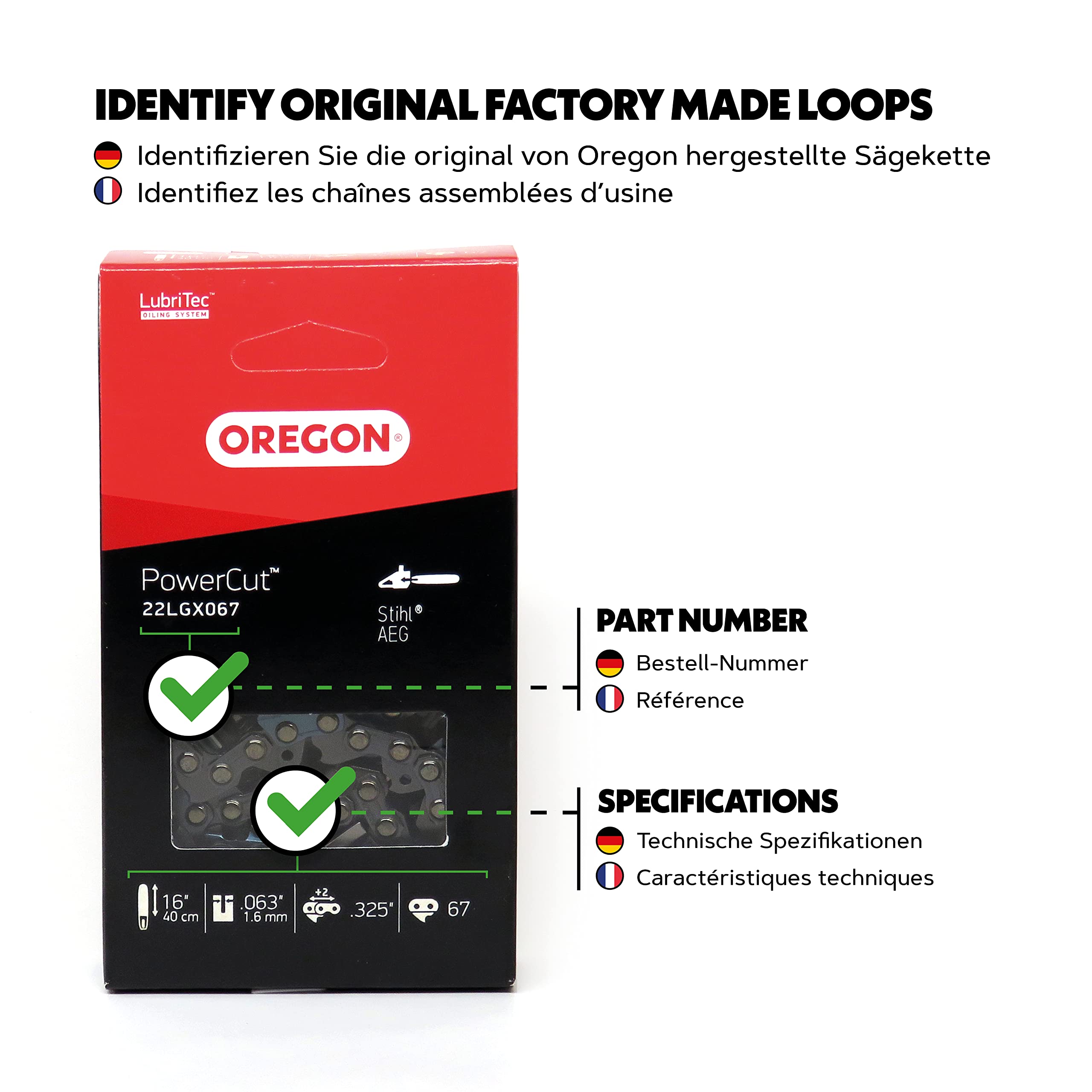 Oregon 22LGX PoweCut - Cadena de sierra para espada de 40 cm con 67 eslabones, cincel completo adecuado para motosierras Stihl