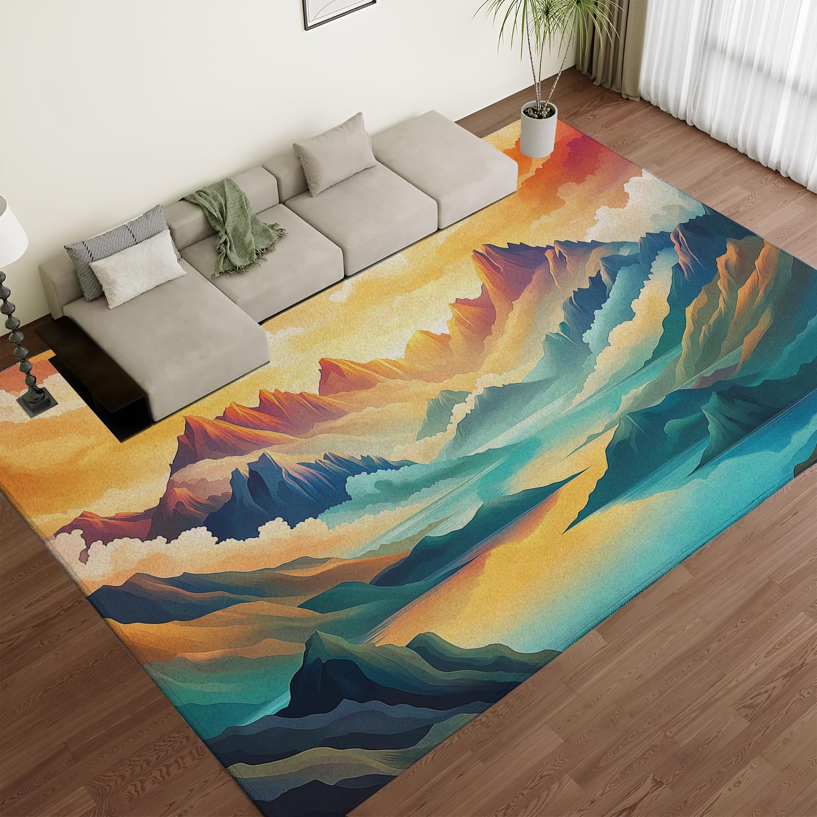 Tapis coucher soleil montagnes 240x300cm, grand paillasson d'entrée intérieur lavable pour couloir