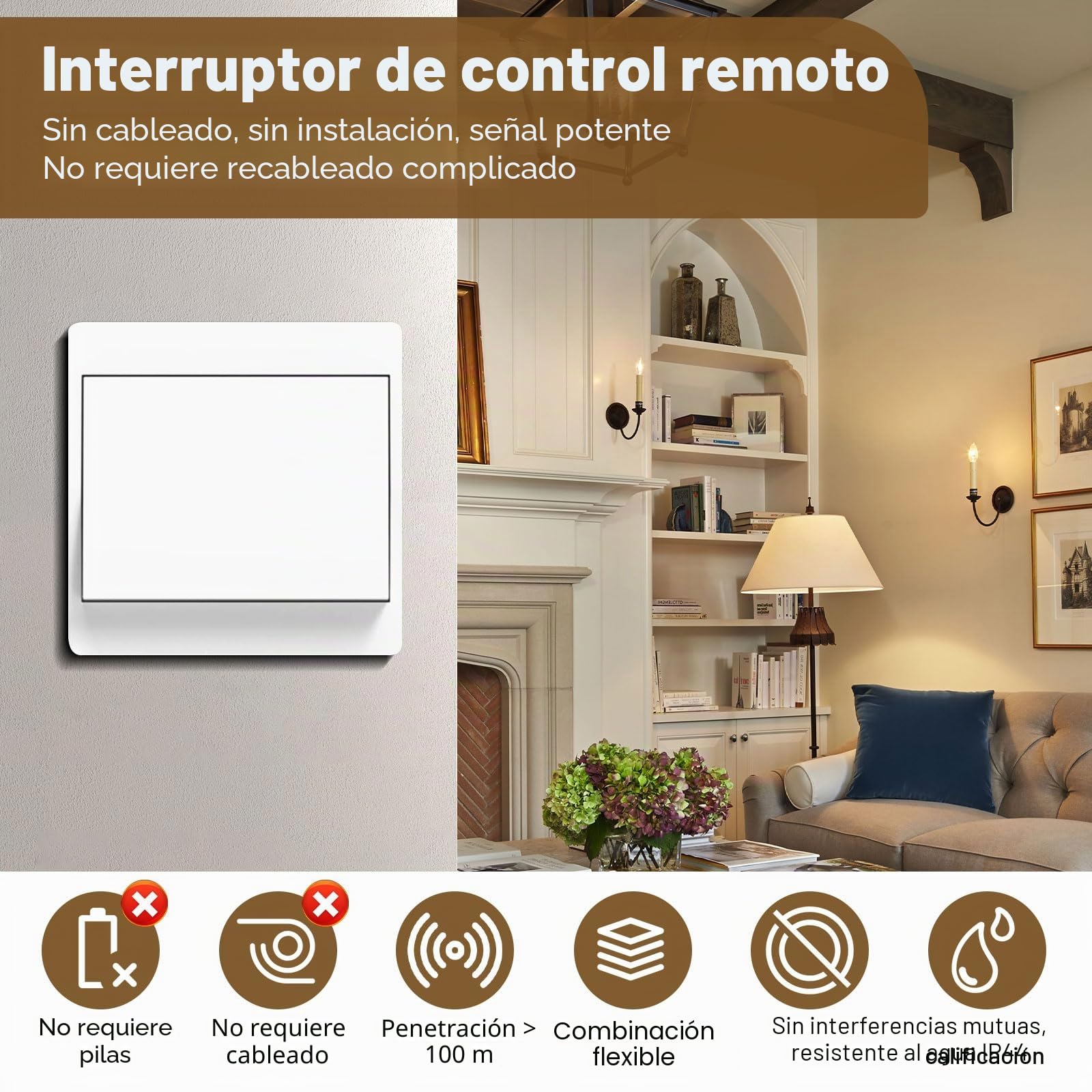 Juego de interruptor de luz inalámbrico 230V, interruptor de radio – no se requieren baterías, interruptor de pared impermeable, controle su lámpara hasta 200 m de distancia (1 receptor y 3 paneles de
