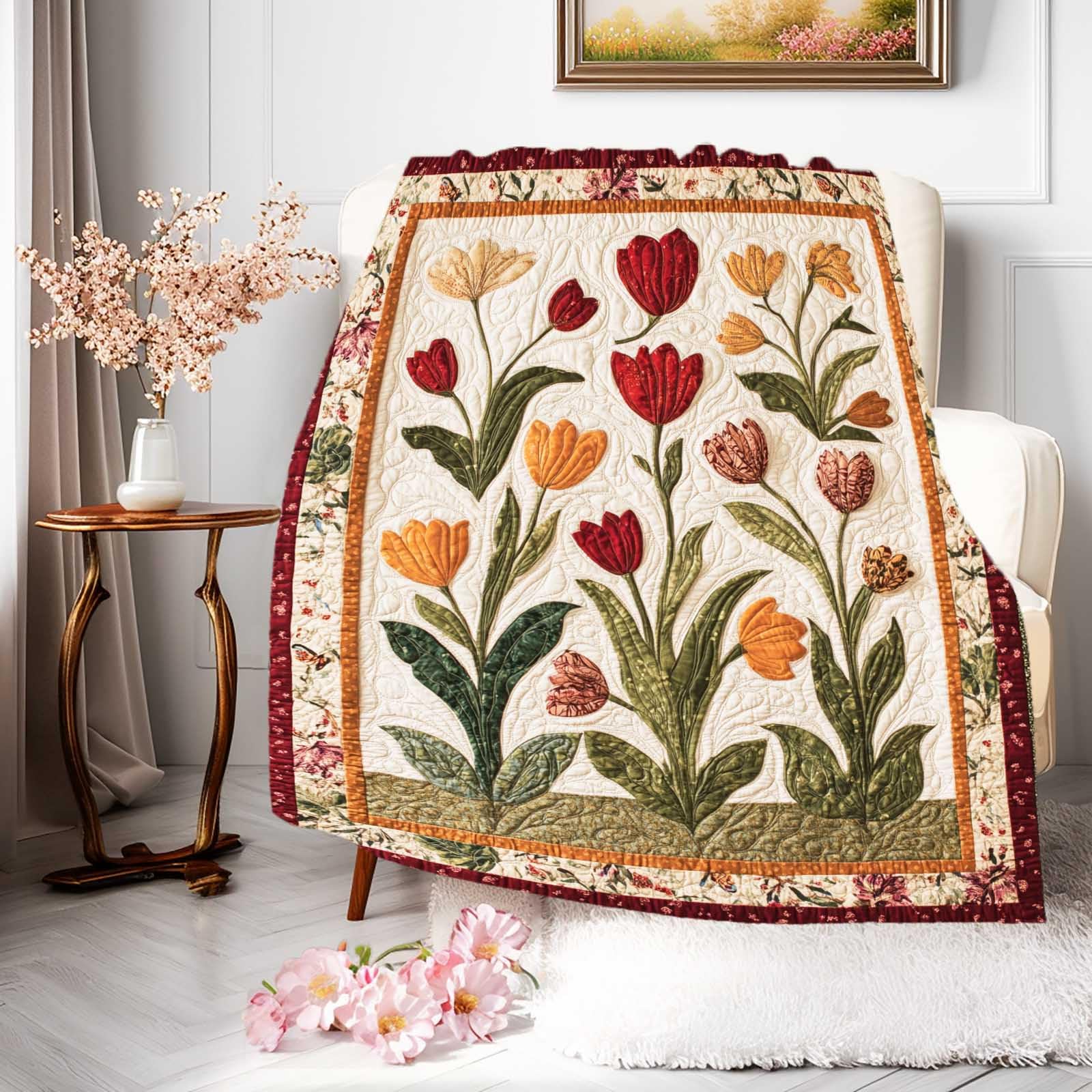 VronTaliy Floral Printed Throw Blanket, Vintage Style Soft Cotton Bedding with Tulip Appliqué Design, Cozy Lightweight Quilt for Couch Bed Sofa, Vivid