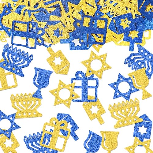 Miniatura 1 de ALIBBON 200 piezas de confeti de Hanukkah feliz Hanukkah estrella de David confeti Dreidel regalo de menorá para lanzar confeti azul dorado con