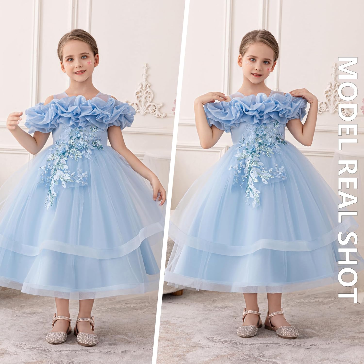 Girls' Special Occasion Dresses with Cloud Shoulder Design, Mid-Length Easter Dress for Girls