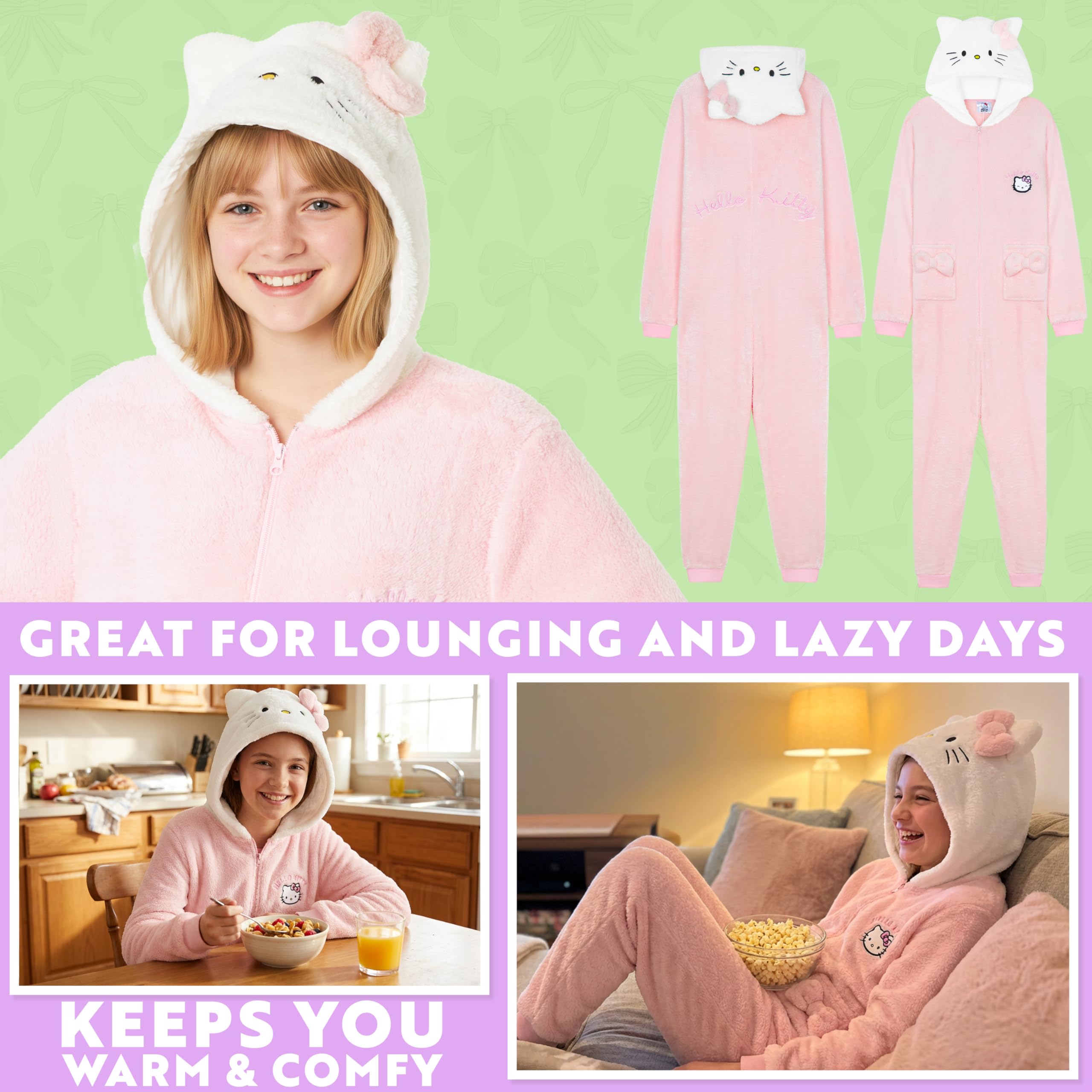 Hello Kitty Sanrio Pijama Entero Niña y Adolescente con Capucha, Pijama Una Pieza, Polar Ropa de Dormir, Regalos de Anime