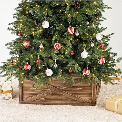 glitzhome - Falda de madera natural para cubrir la base del árbol de Navidad, caja para cubrir la base del árbol. 22 pulgadas de largo
