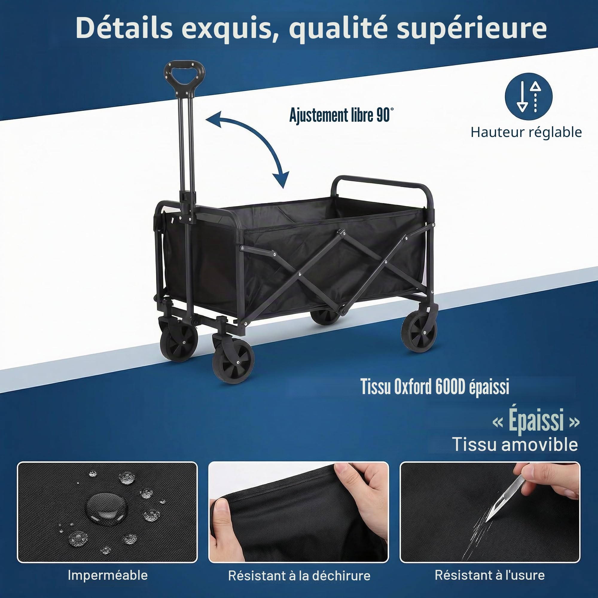 Chariot de Transport Pliable de 100L avec Roues silencieuses, capacité de Charge de 150 kg (330 lbs), pour Jardin, Camping, Shopping et Pique-Nique, Chariot de Transport Pliable avec Roues Stables