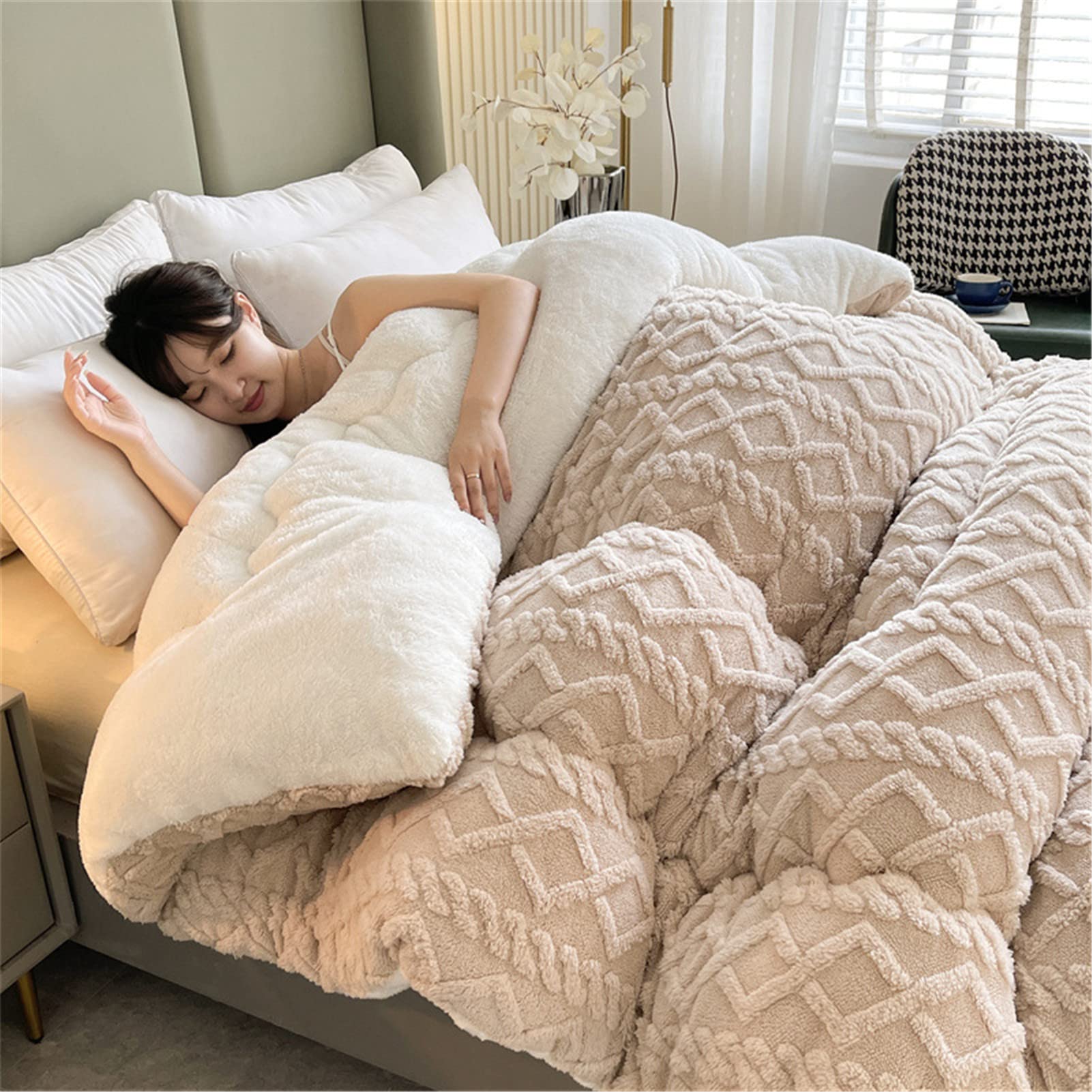 Sweet Home Collection Set Copripiumino In Pile Sherpa 3 Pezzi Queen Size - Morbido E Caldo, Con Federe - Colore Beige - 2