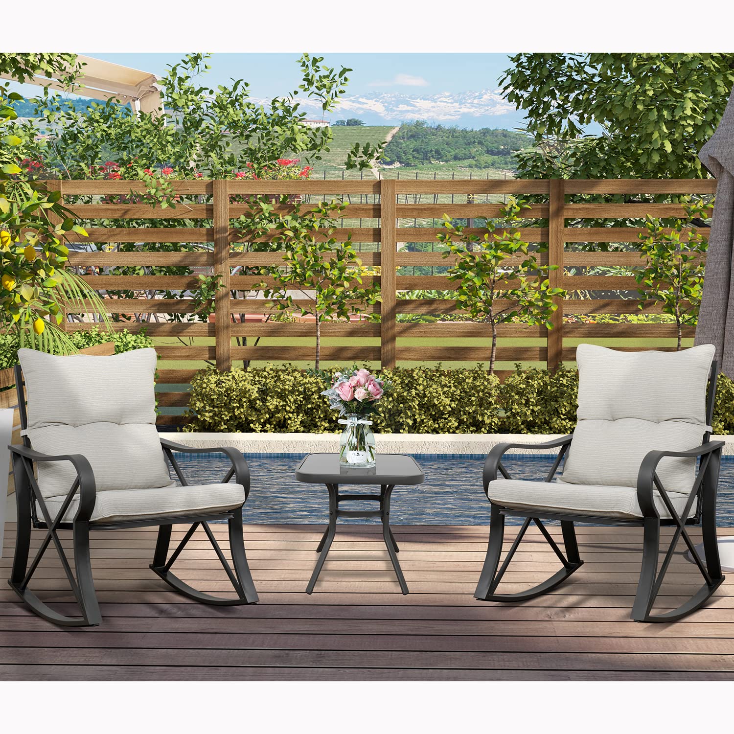 HOMPUS 3-Piece Outdoor Rocking Chairs Bistro Set Wicker Patio Furniture Set Metal Frame Patio Rockes Set w White Cushions, Front Porch Rocking Chairs with Glass Coffee Table for Balcony,Garden