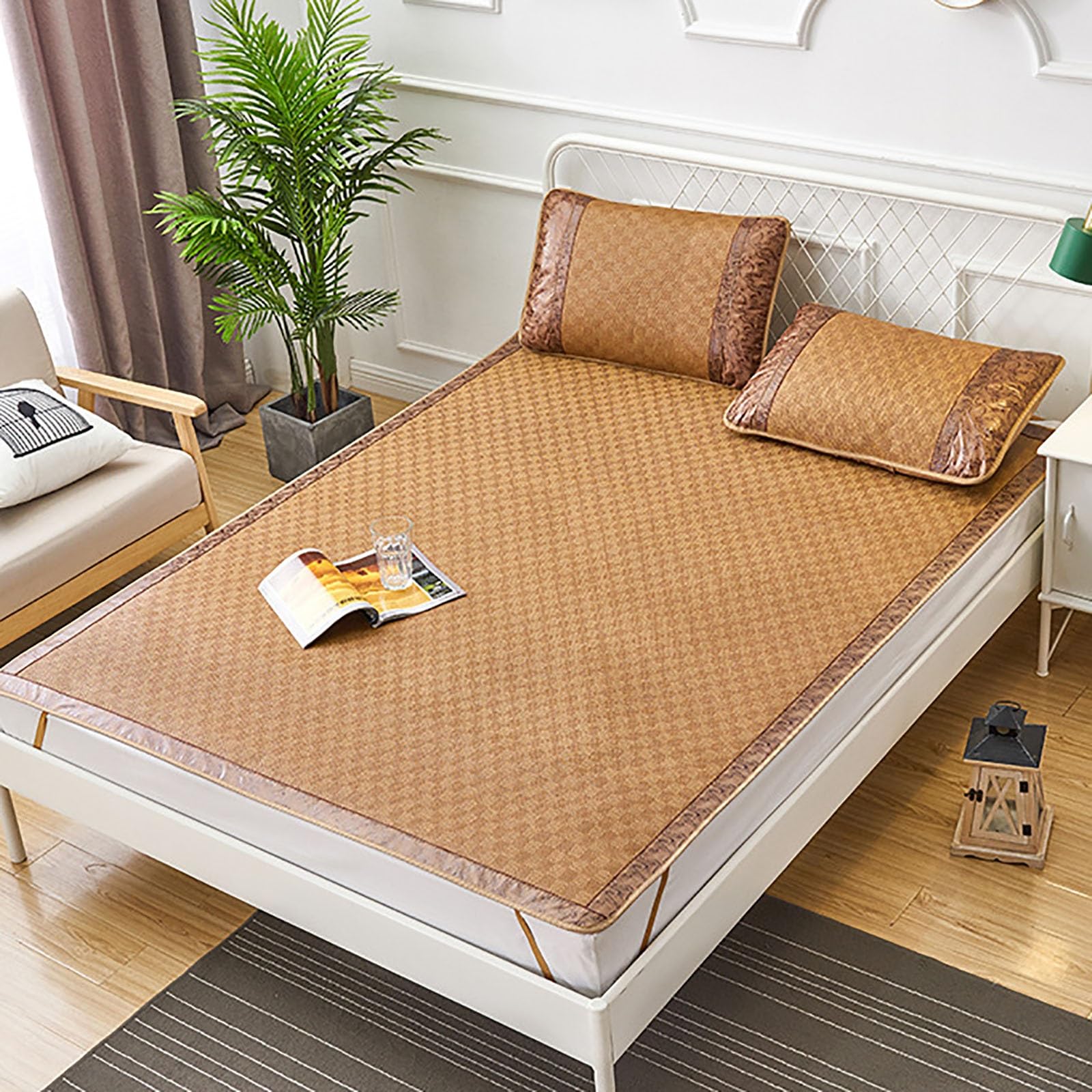 Summer Bamboo Sleeping mat, Foldable Double Sided Bamboo mat for bed, Home Quick Cooling Textile Rattan Mat Grid Fitted Sheet Set Summer Bed Cover, Various Specifications(Color E,150 * 195cm)