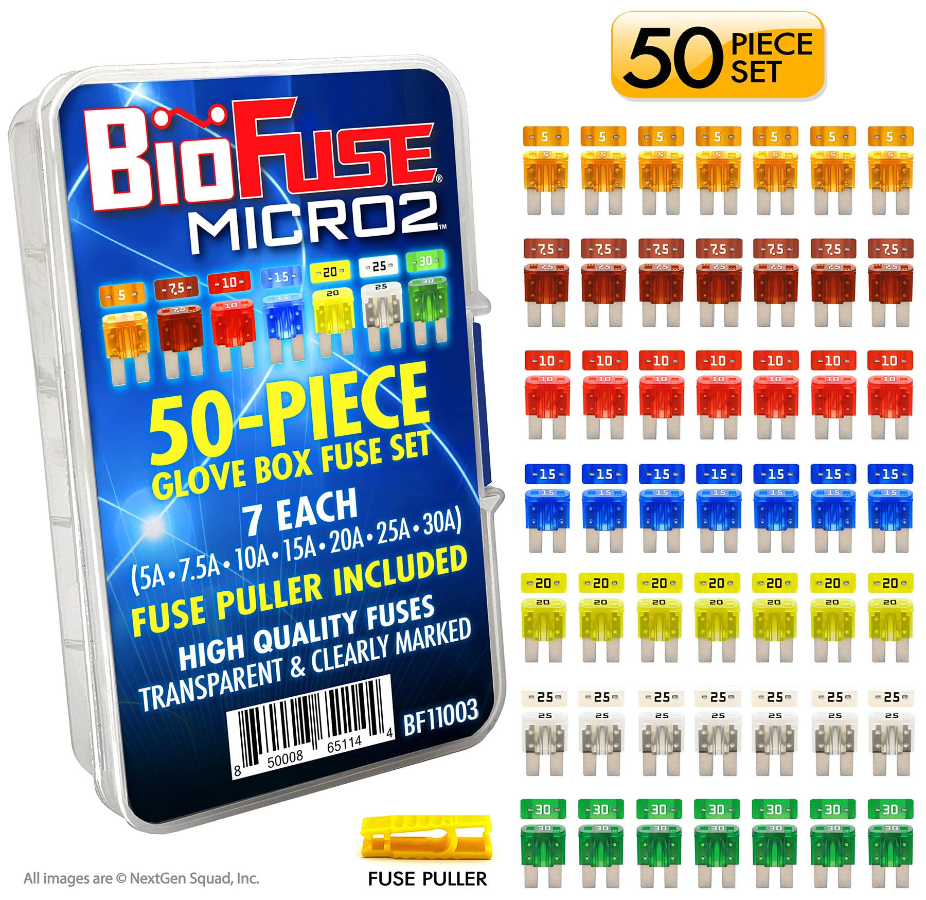 Micro2 APT ATR - Set di 50 fusibili per auto, assortimento di guanti, accessori per auto (49 fusibili a lama + estrattore di fusibili) 5A 7,5A 10A 15A 20A 25A 30A