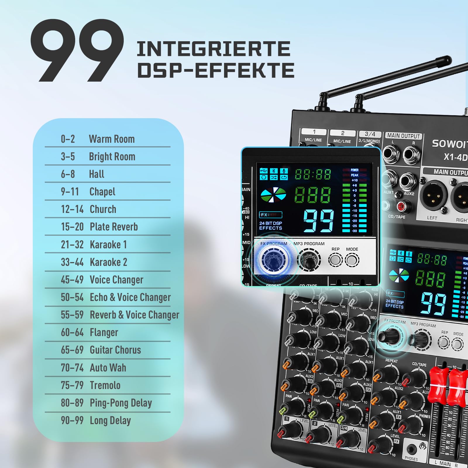 Mixer audio a 4 canali con 2 microfoni senza fili, console professionale DJ con 99 DSP MP3 Bluetooth 48 V alimentazione phantom PAD e interfaccia USB per registrazione, karaoke domestico e streaming