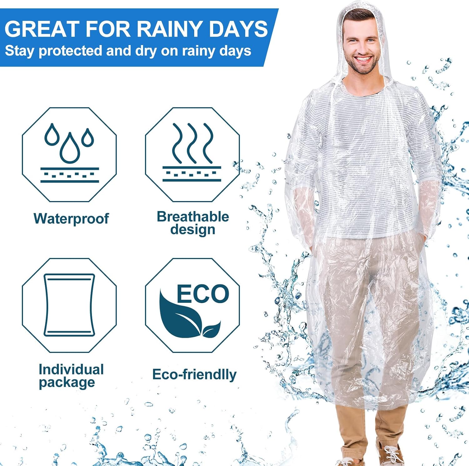 Hercicy 300 Pcs Adults Rain Ponchos Bulk with Hood Emergency Disposable Raincoat Waterproof Plastic Ponchos