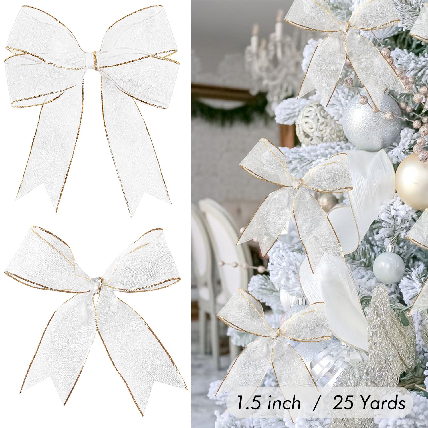 3 rollos de cinta dorada de champaña con alambre para árbol de Navidad, copos de nieve de organza, espiral, cinta dorada con alambre de 2.5 x 33 yardas para árbol de Navidad