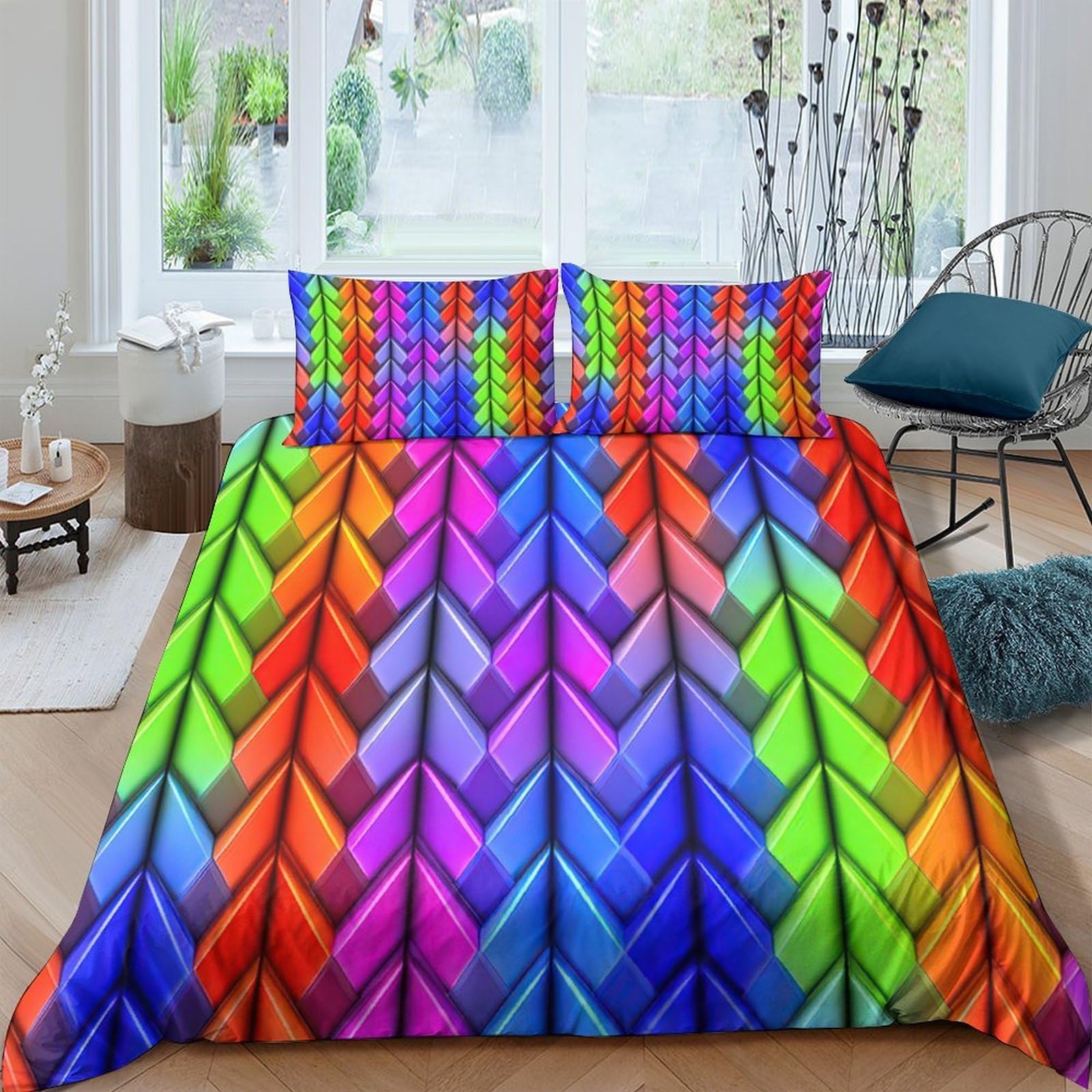 Ctjqhvkz Style-9 3D Printed Rainbow Chevron Fitted Sheet Microfiber Soft Vibrant Abstract Bed Cover For Bedroom Dorm Mattress Protection Decor Single（135X200cm）