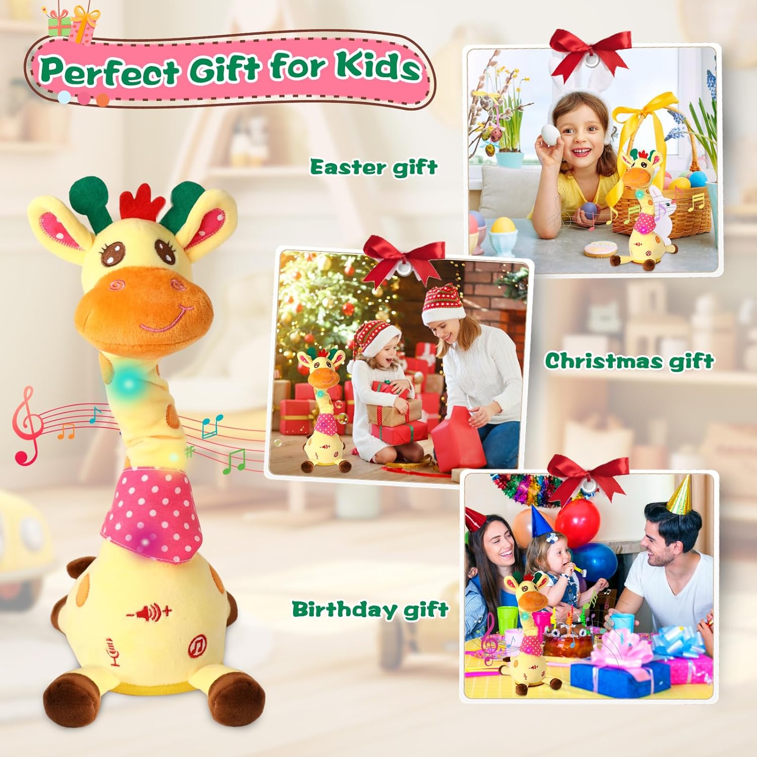 MIAODAM Dancing Talking Giraffe Stuffed Animals, Singing 10 Children's Song, Repeats What You Say, Colorful Glowing Giraffe Plush Baby Toys for Toddlers 1-3 Years，Easter Day Gifts for Kids