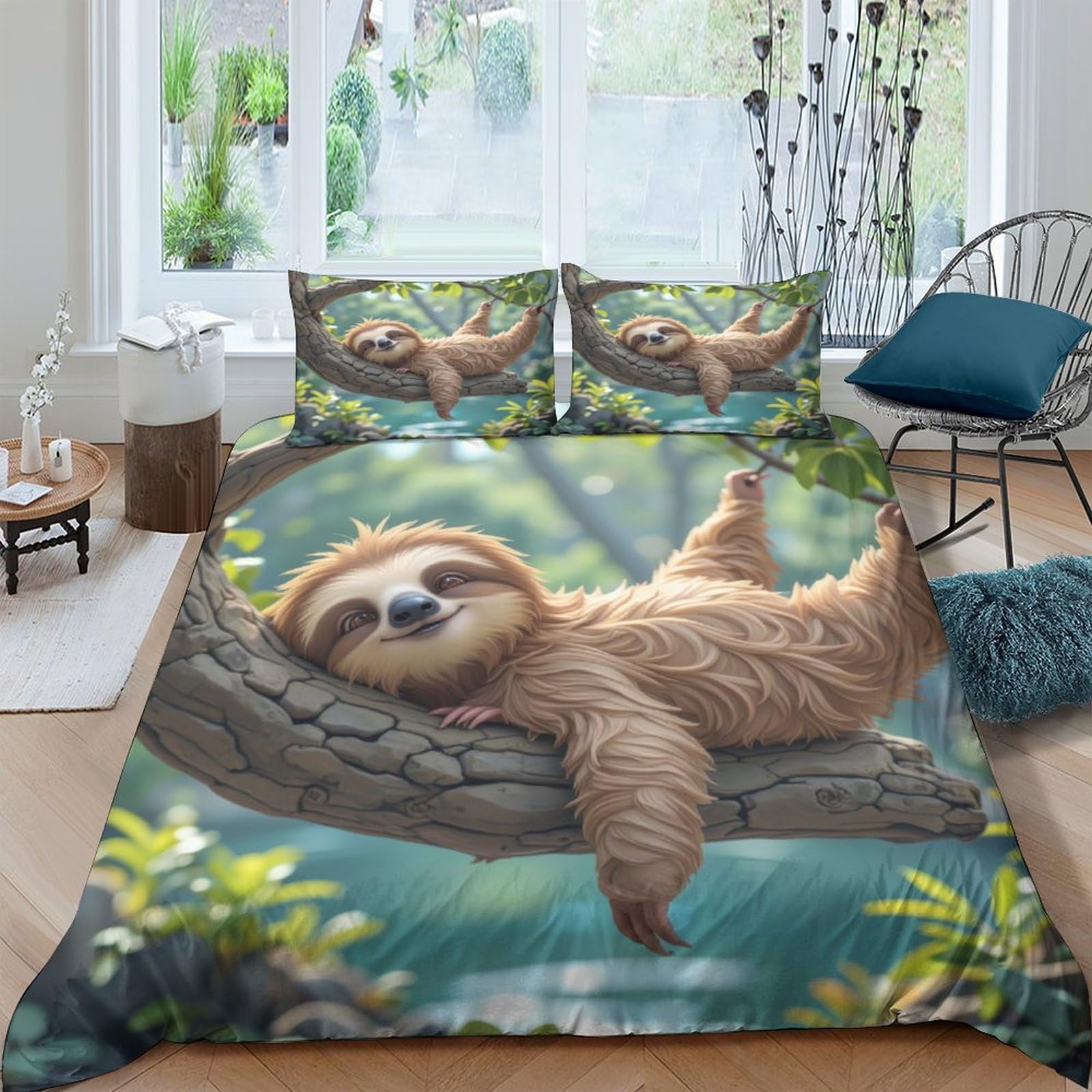 GPLZQXKJNH 3D Printed Sloth Jungle Duvet Cover Set Microfiber Soft Breathable Forest Animal Quilt Cover with 2 Pillowcases for Bedroom Home Single（135x200cm）