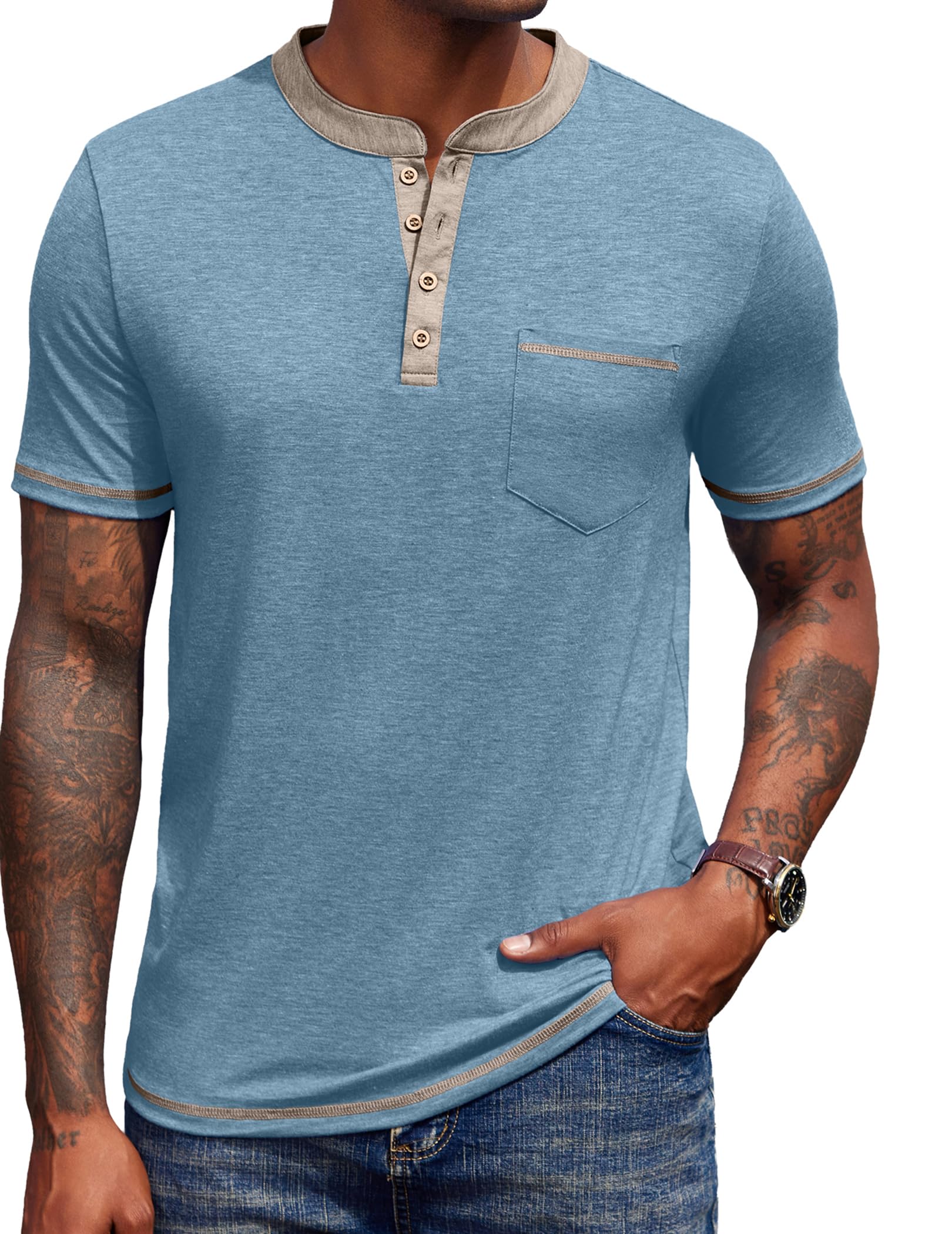 COOFANDY Henley Shirt Herren Kurzarm Sommer Tshirt mit Tasche Basic Oberteile Knopf T-Shirts V Ausschnitt für Männer