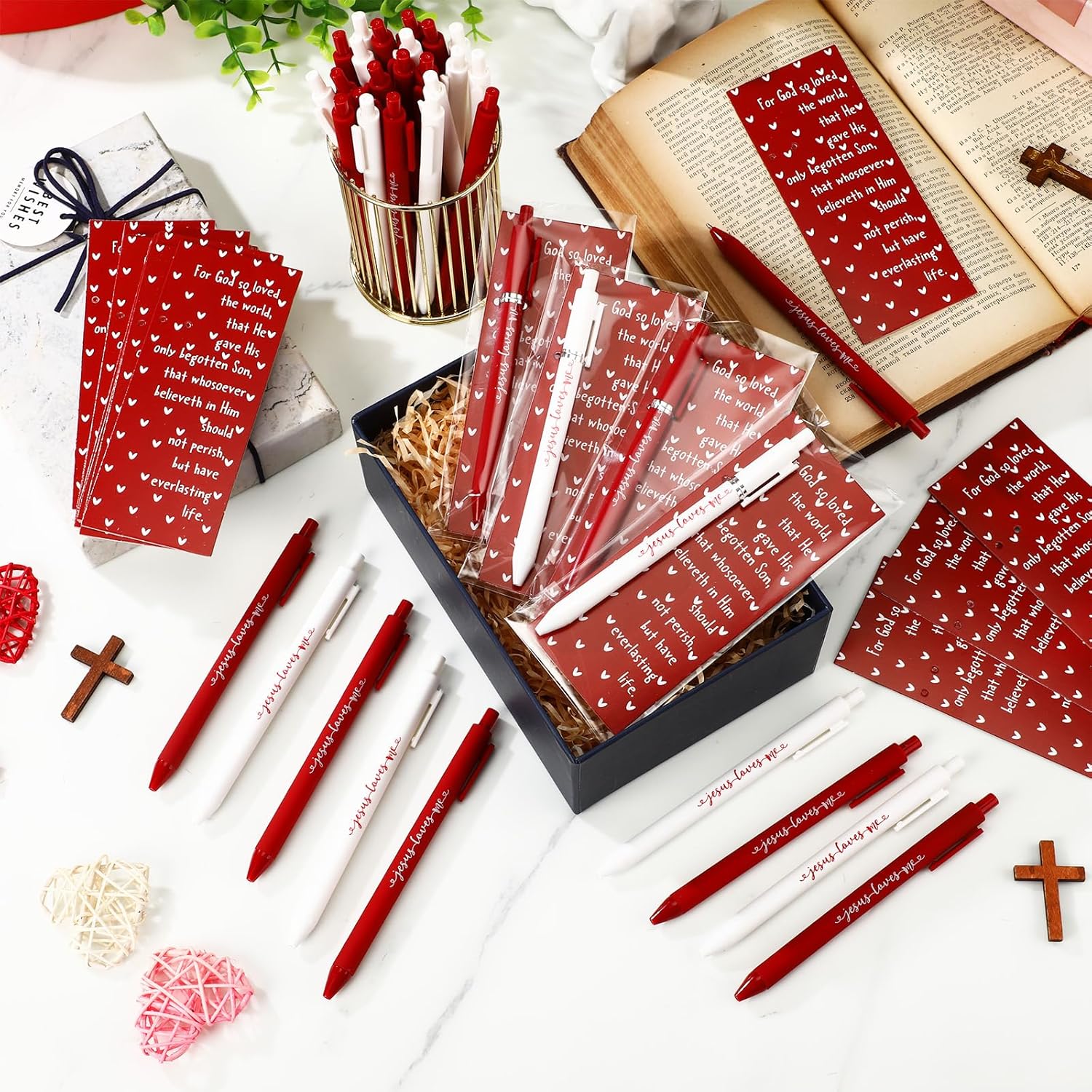Sayglossy 25 Set Valentine‘s Day Christian Gifts Bulk Include Bible Verse Valentine‘s Day Ballpoint Pens Jesus Loves Me Pens Inspiring Quote Bookmarks Religious Bookmark for Women Men Office Gifts