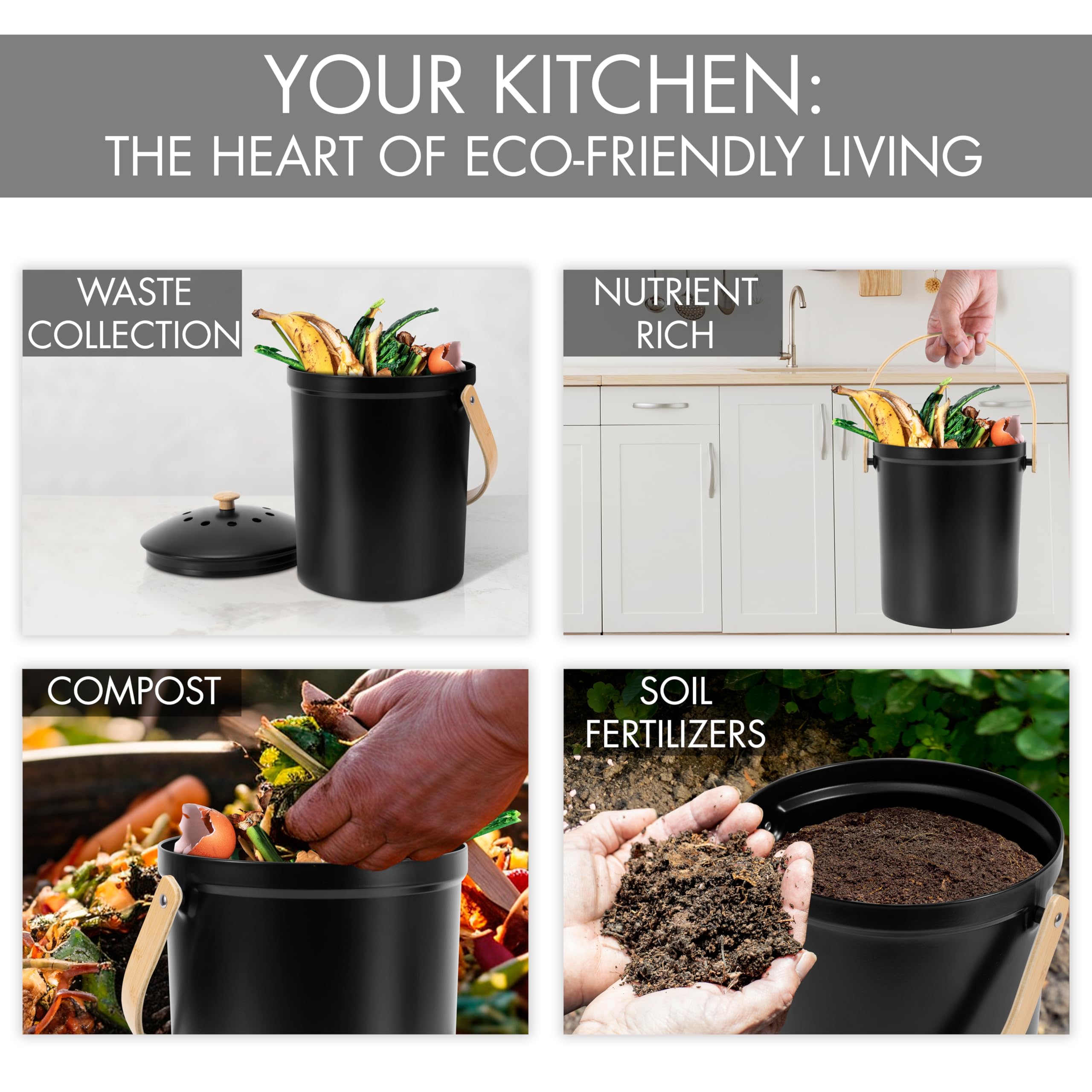 Magnifique bac à compost de cuisine avec couvercle anti-odeurs – Seau à compost antirouille et inodore pour votre plan de travail avec filtres sans odeur – Facile à nettoyer – La poubelle de 3,8 l est