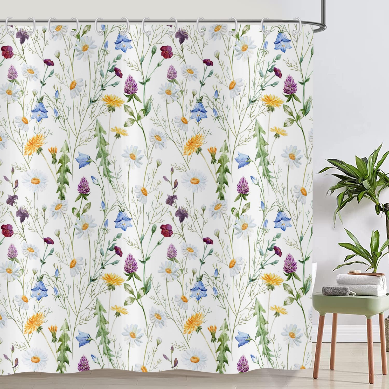 ASDCXZ Flower Shower Curtain 180x180 cm, Spring Blue Yellow Purple White Colorful Flowers Green Leaves Washable Shower Curtains Polyester Textile Waterproof Bath Curtain for Bathtub with 12 Hooks - Image 2
