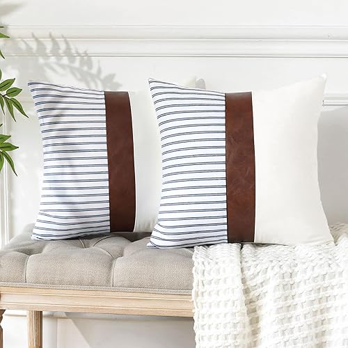 Miniatura 4 de OTOSTAR Paquete de 2 fundas de almohada decorativas de piel sintética a rayas de 18 x 18 pulgadas, fundas de cojín cuadradas modernas para sofá,