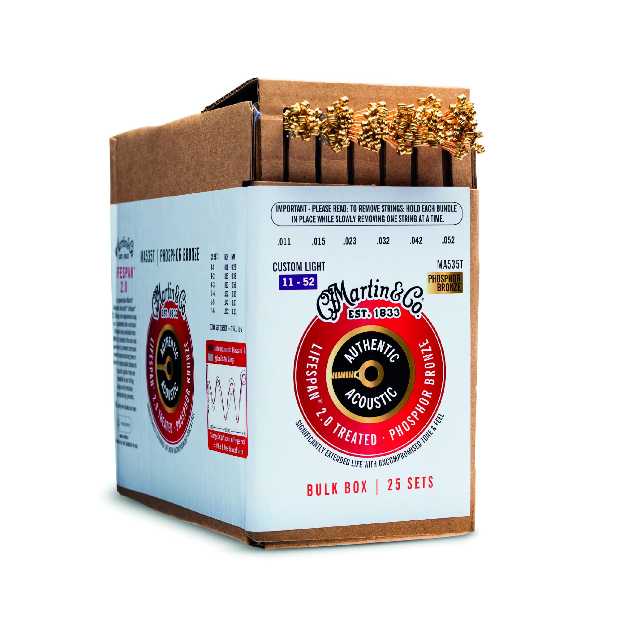 Martin Authentic Acoustic® Lifespan® 2.0 Guitar Strings – Phosphor Bronze, Custom Light Gauge, Bulk Box (25 Sets) |Bulk Box for Acoustic Guitar Players, Techs & Repair Shops