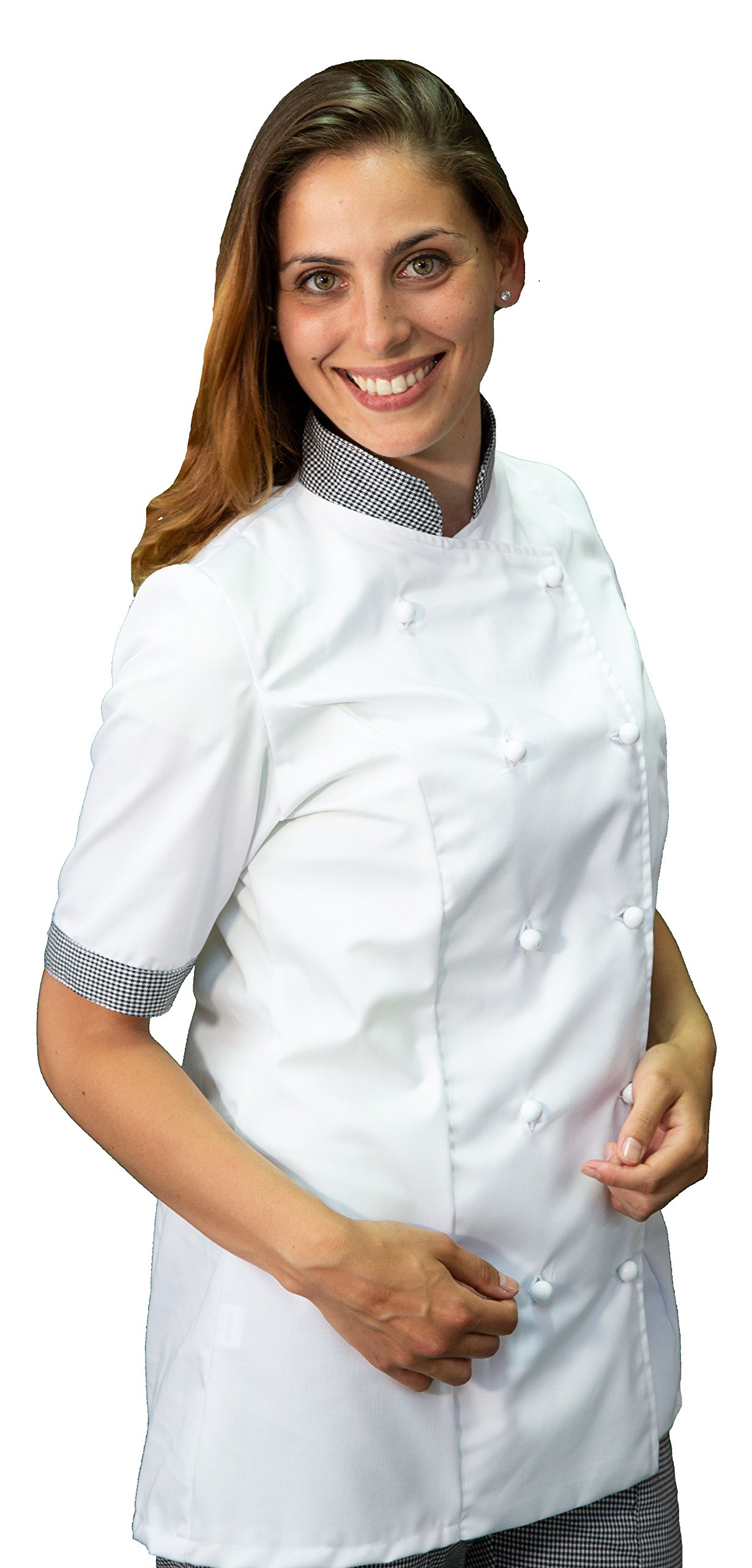 RICAMO GRATUITO - Divisa Cuoco Donna - Bianca e Pied de Poule - 3PZ - Giacca Manica Corta, Pantalone e Grembiule - Completo per Cucina e Ristorante - Made in Italy