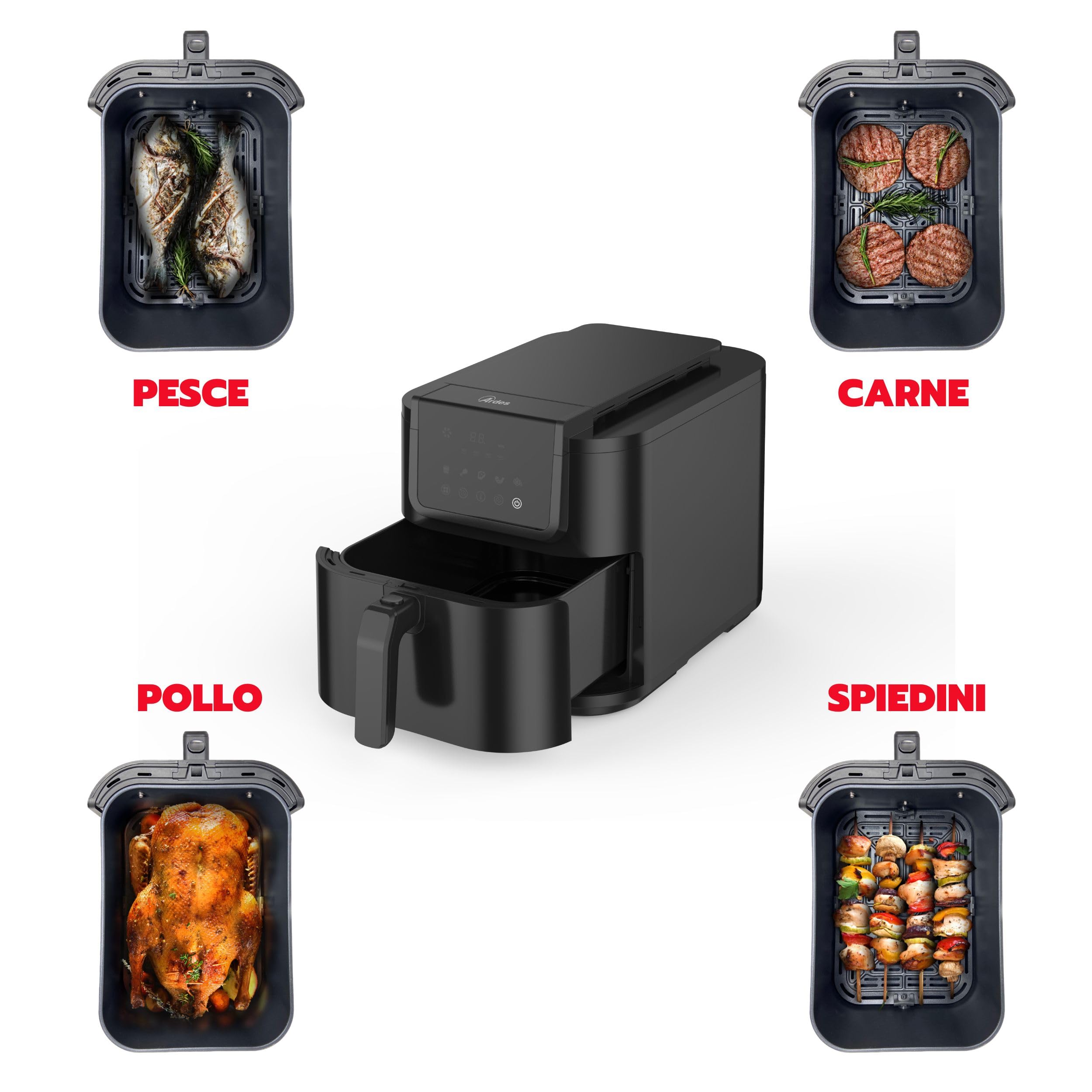 ARDES - ARFRYA05L Friggitrice Ad Aria FRIGGISANA INFINITY 8L - Friggitrice Ad Aria Slim Cavità XL Super Profonda in Metallo Capacità 8 Litri - AirFryer con Display Digitale Touch e Timer 60'