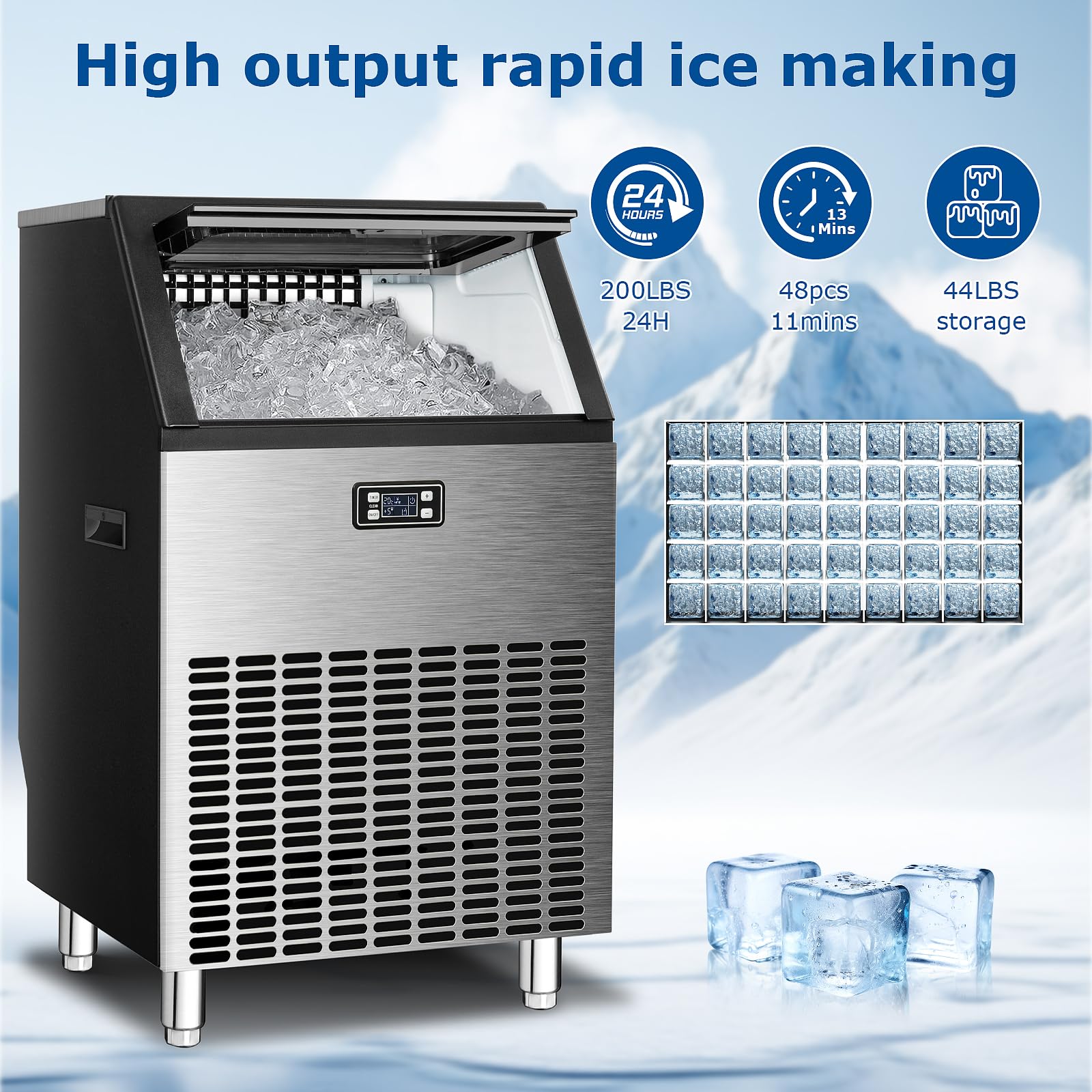 Waa Commercial Ice Maker 200lbs/24hr, Stainless Steel Undercounter Ice Machine With Self-Cleaning & 48lbs Storage, For Restaurant/Office/Bar/Home Use on Fridge.com - View 6